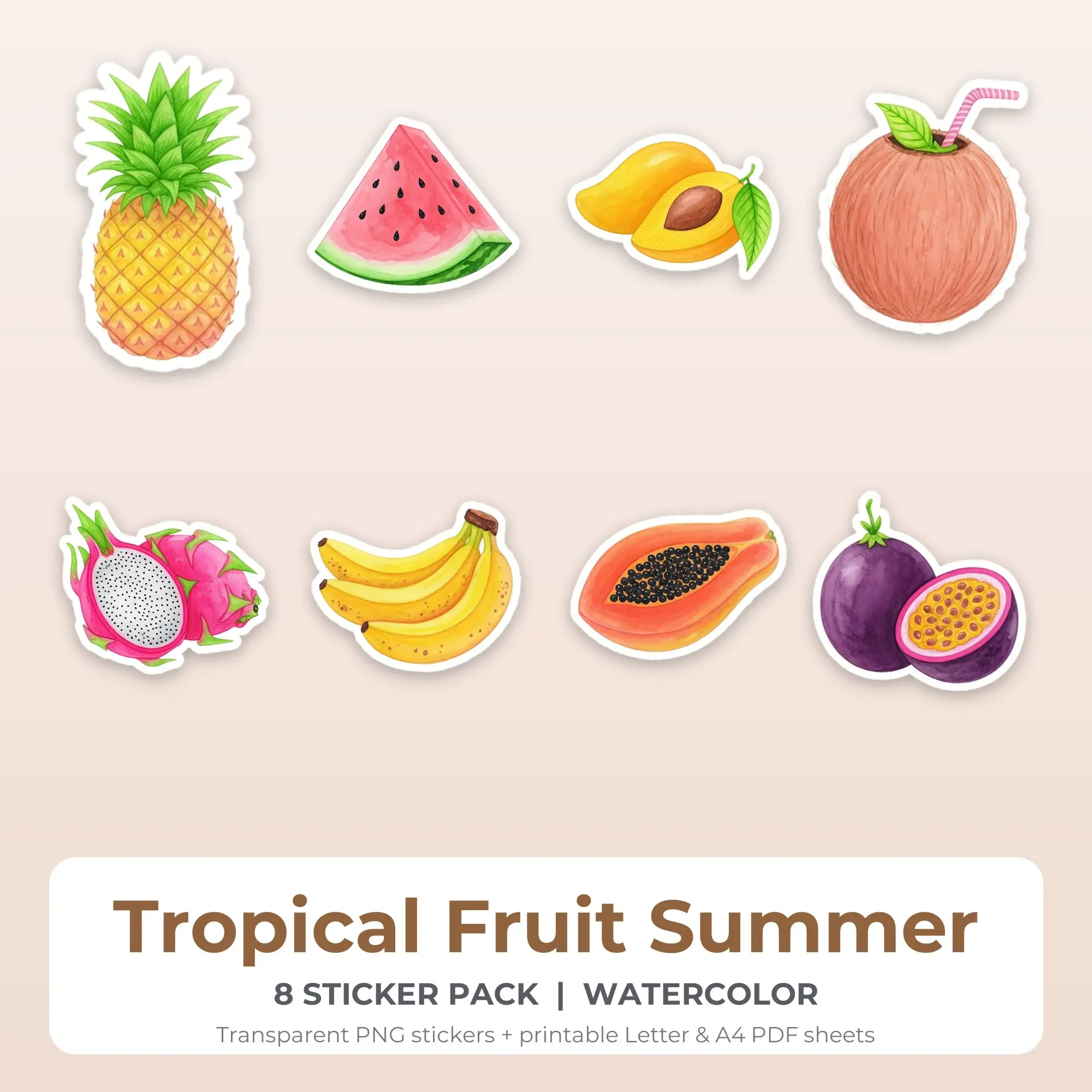 8 Tropical Fruit Summer Stickers - Printable Sticker Sheet PDF preview