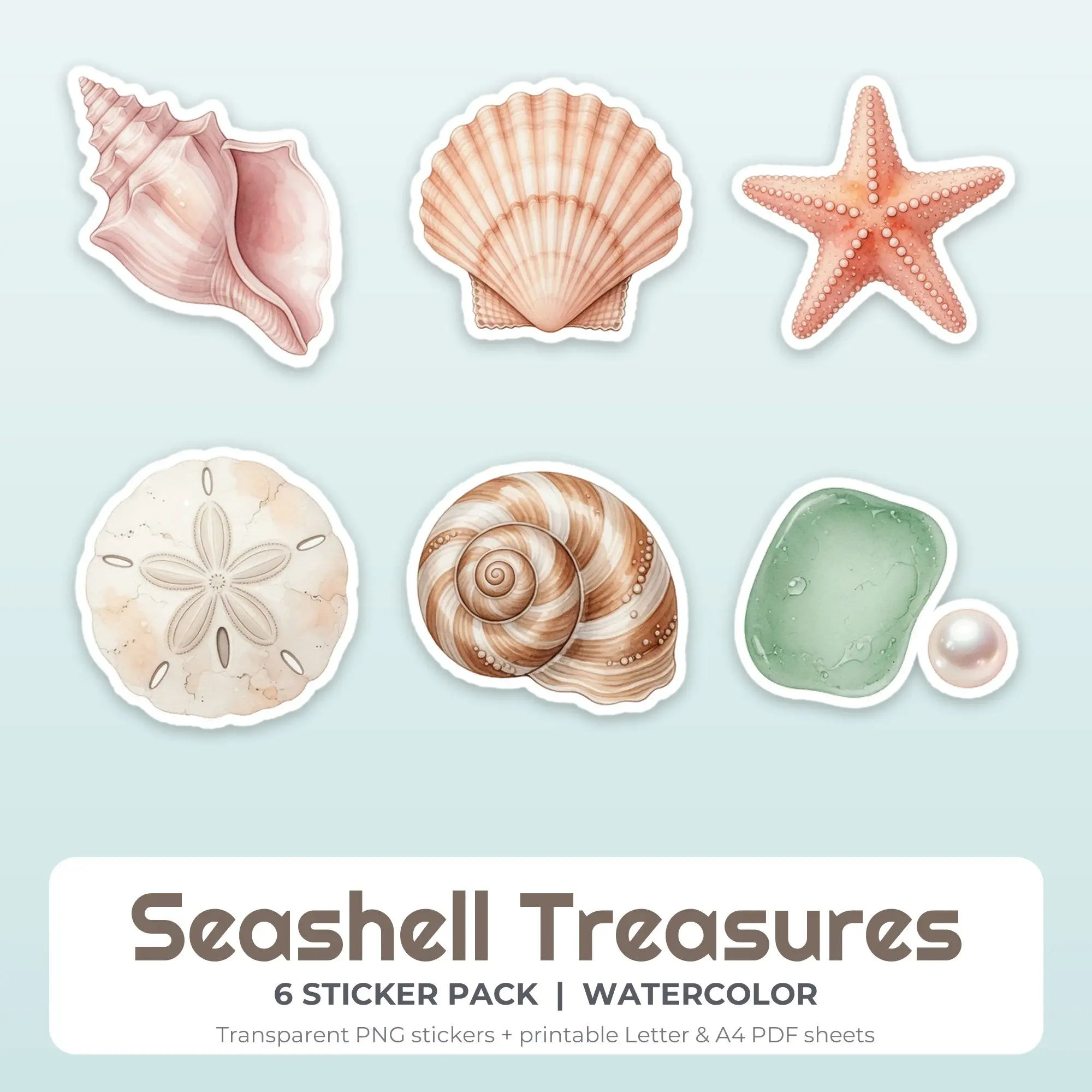 Watercolor Seashell Treasures Sticker Set - 6 Printable PNG preview