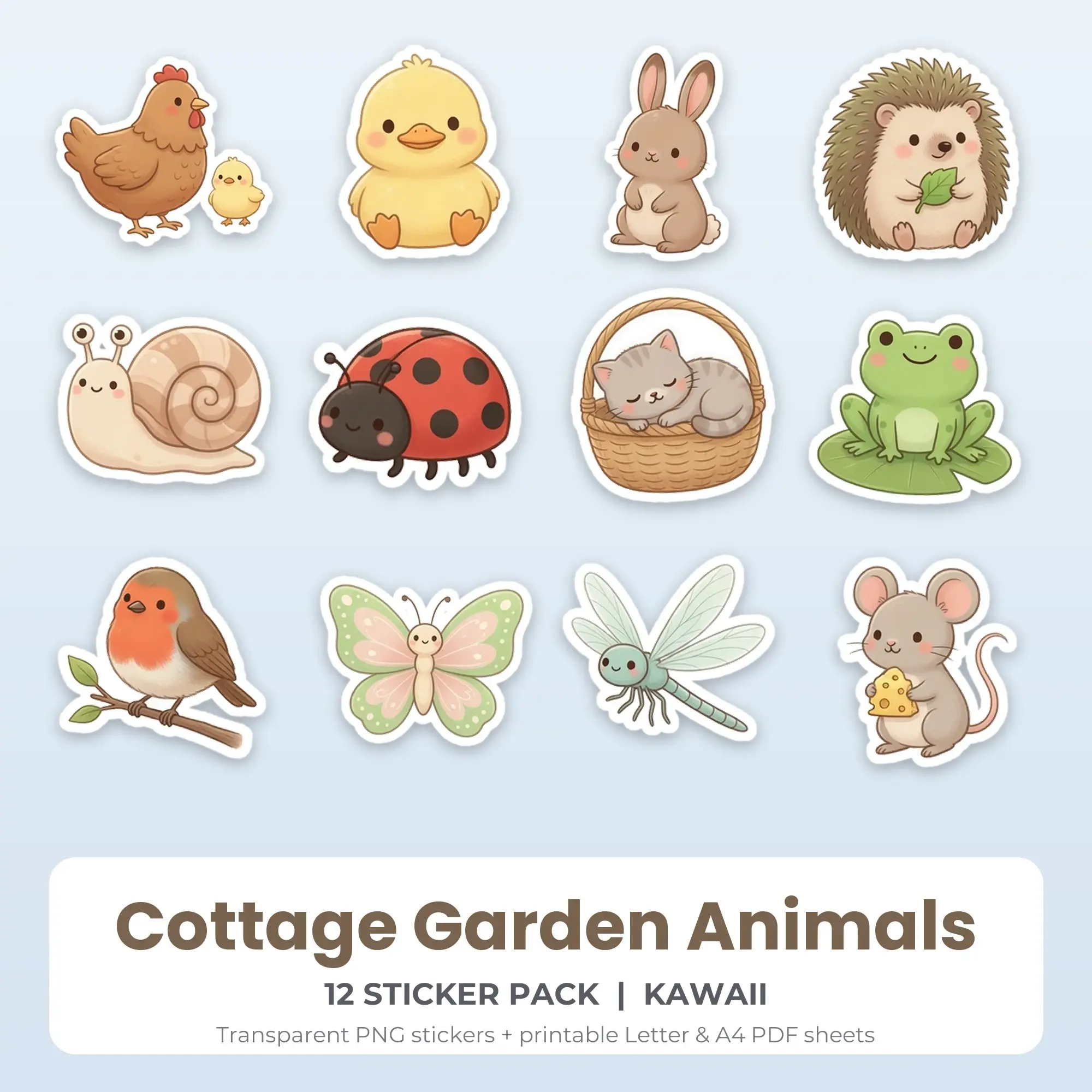 Cottage Garden Animals Printable Stickers - 12 Die-Cut PNG + PDF preview