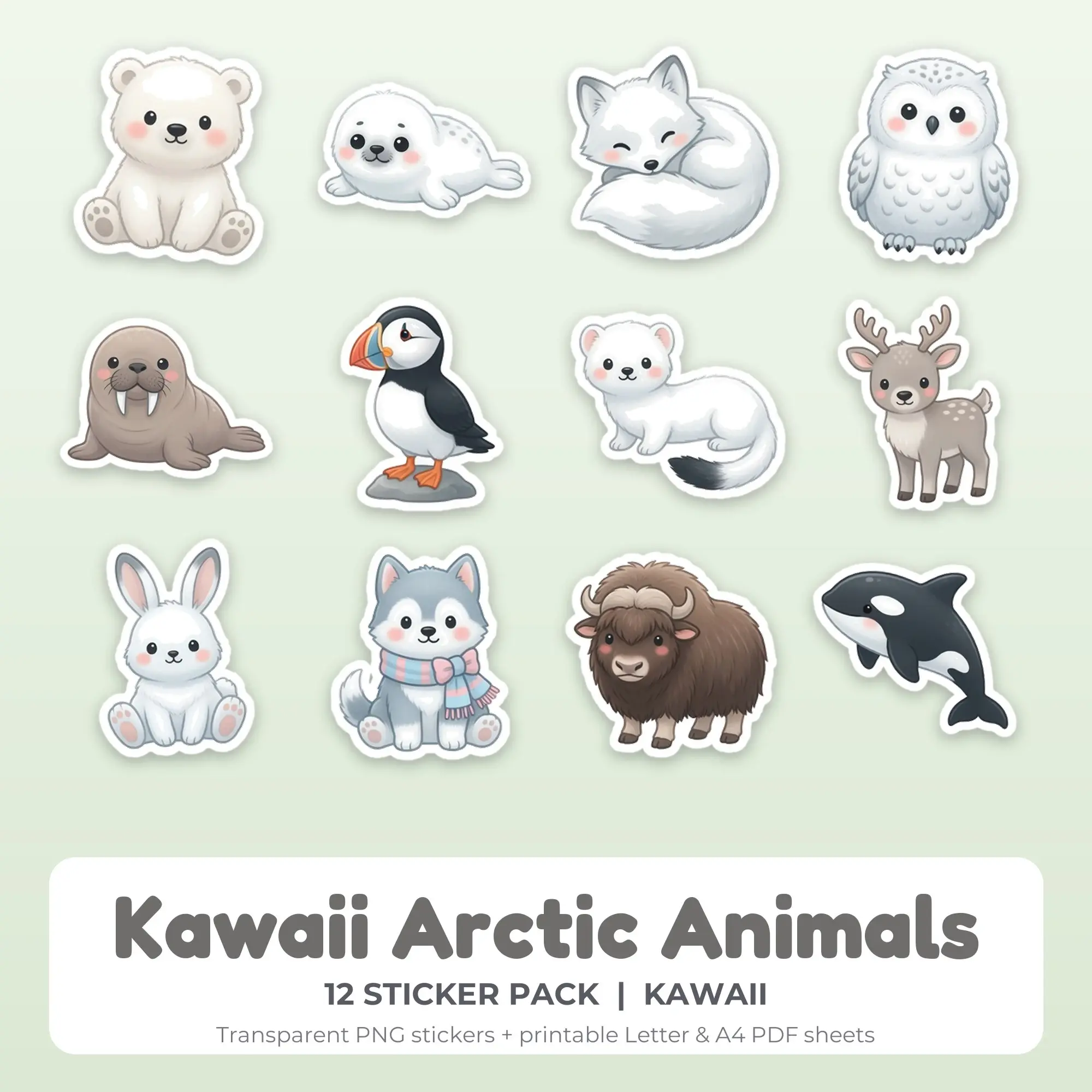 Kawaii Arctic Animals Printable Stickers - 12 Die-Cut PNG + PDF preview