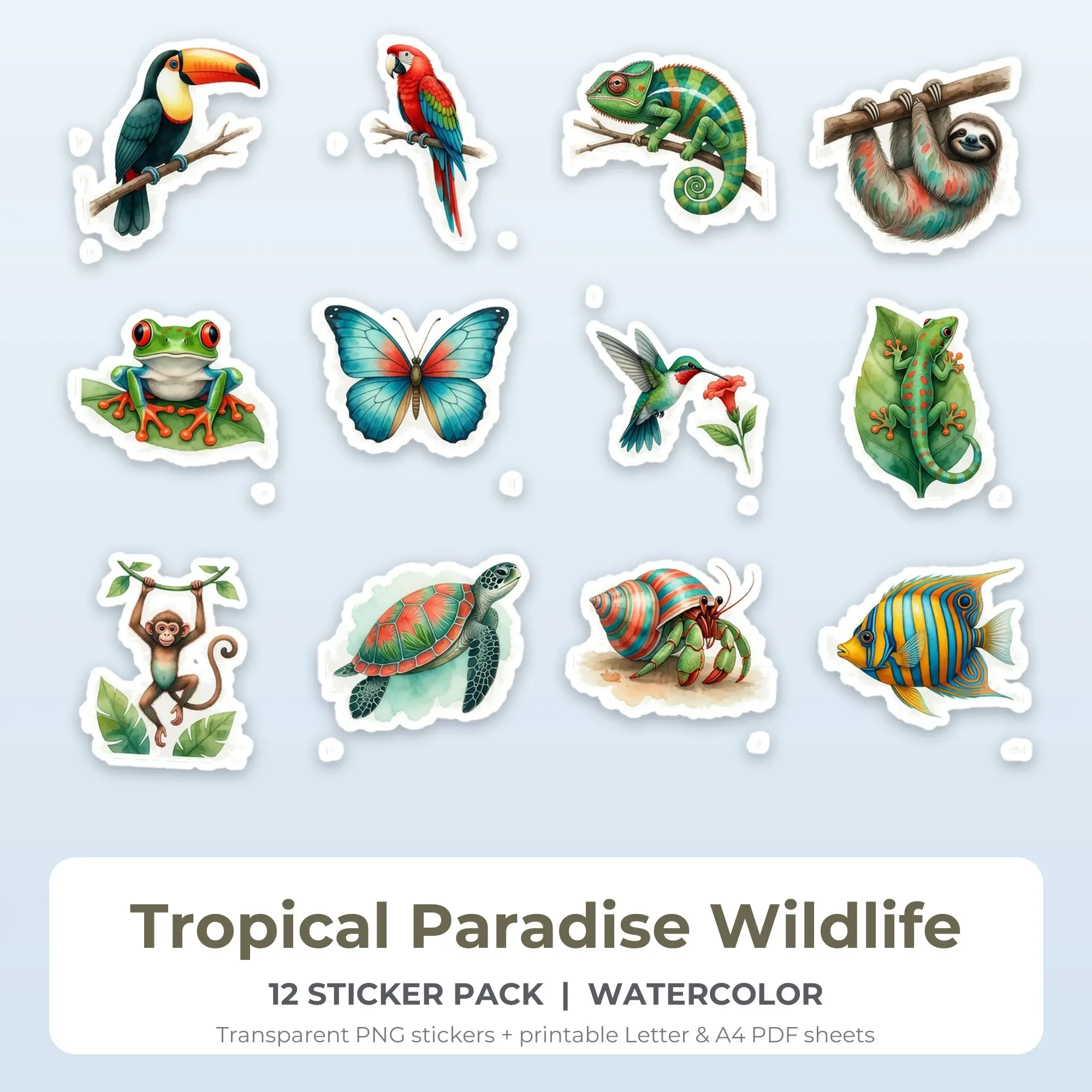 Watercolor Tropical Paradise Wildlife Sticker Set - 12 Printable PNG preview