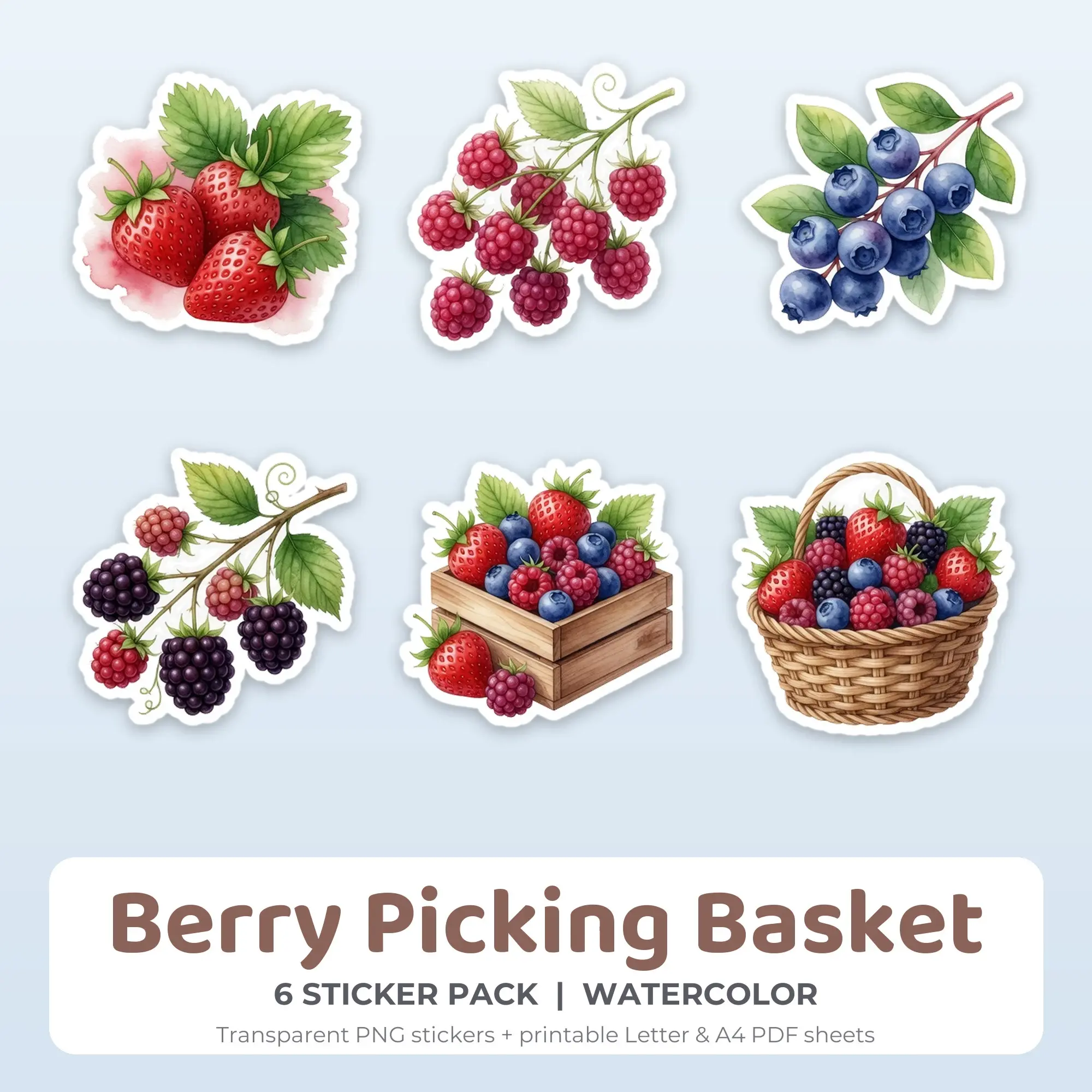 Watercolor Berry Picking Basket Sticker Set - 6 Printable PNG preview