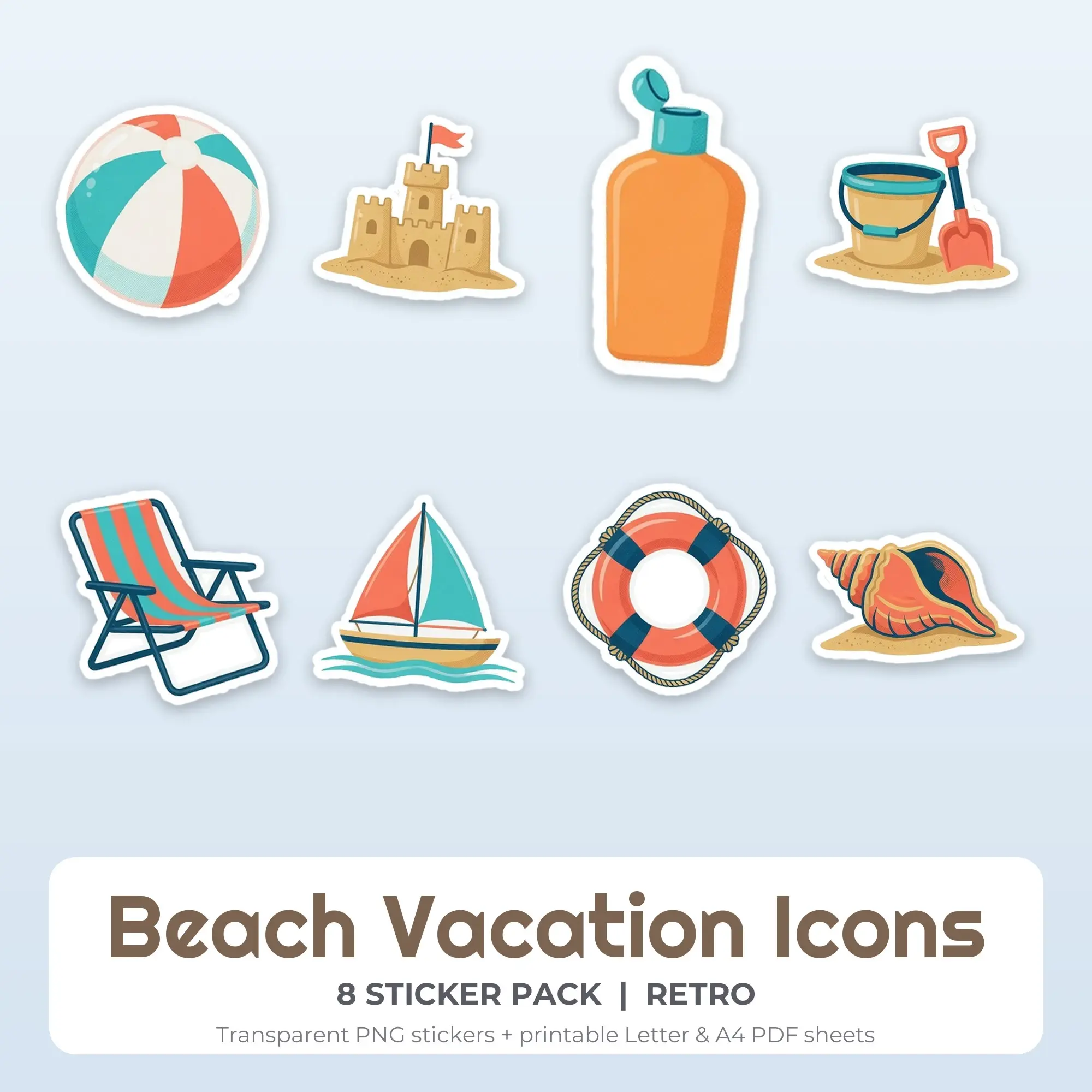 Beach Vacation Icons Stickers, 8 PNG + Printable PDF Sheet preview