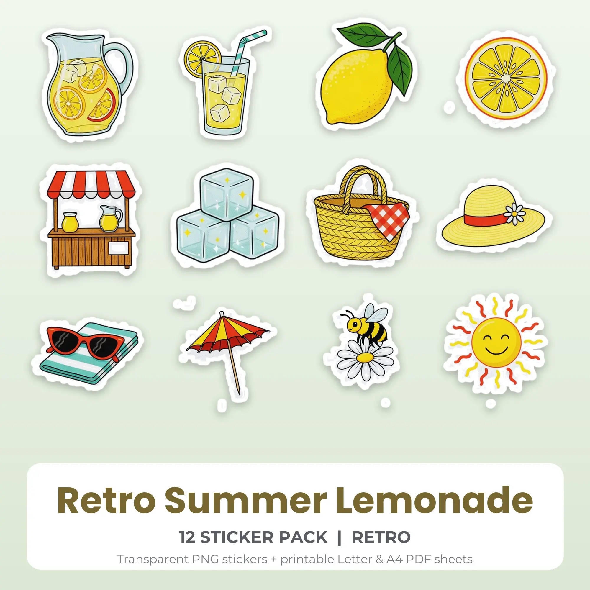 Printable Retro Summer Lemonade Sticker Pack, Retro Style - 12 PNG preview
