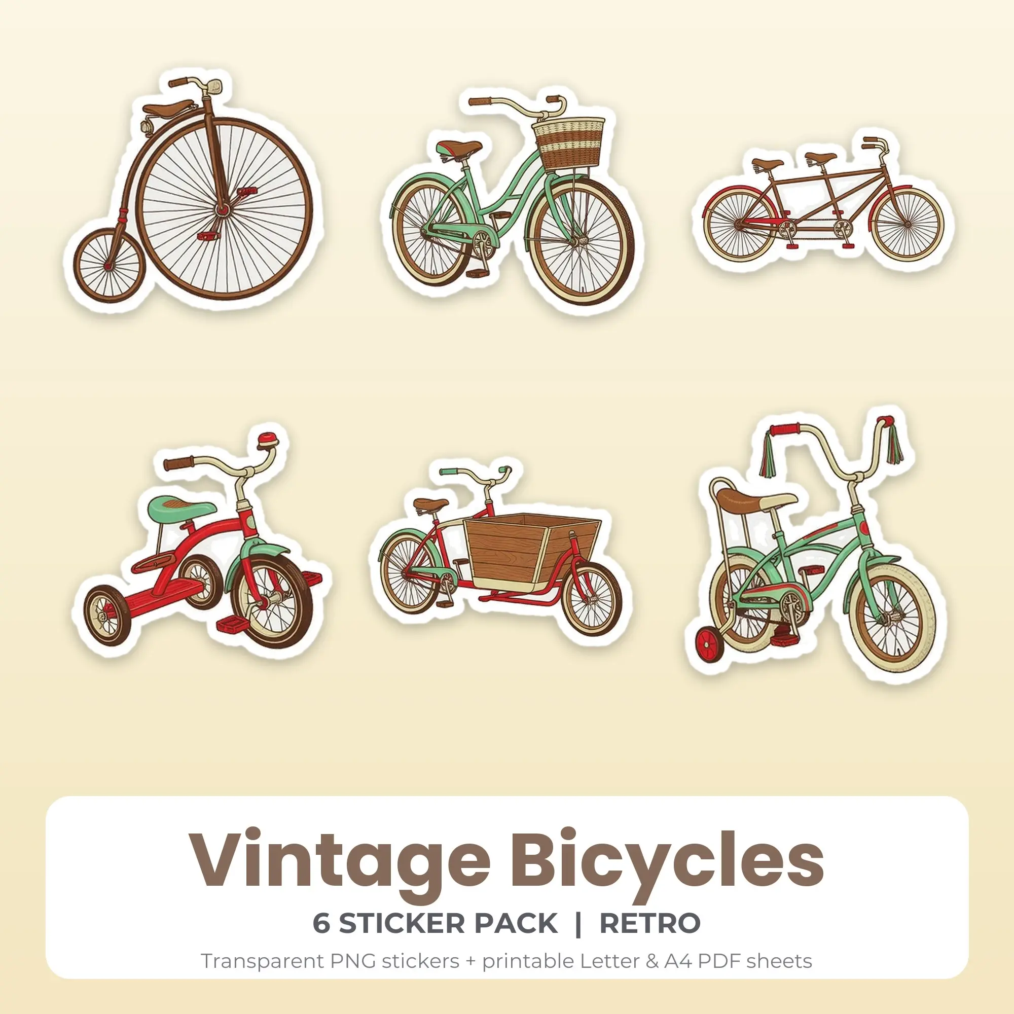 6 Vintage Bicycles Stickers - Printable Sticker Sheet PDF preview