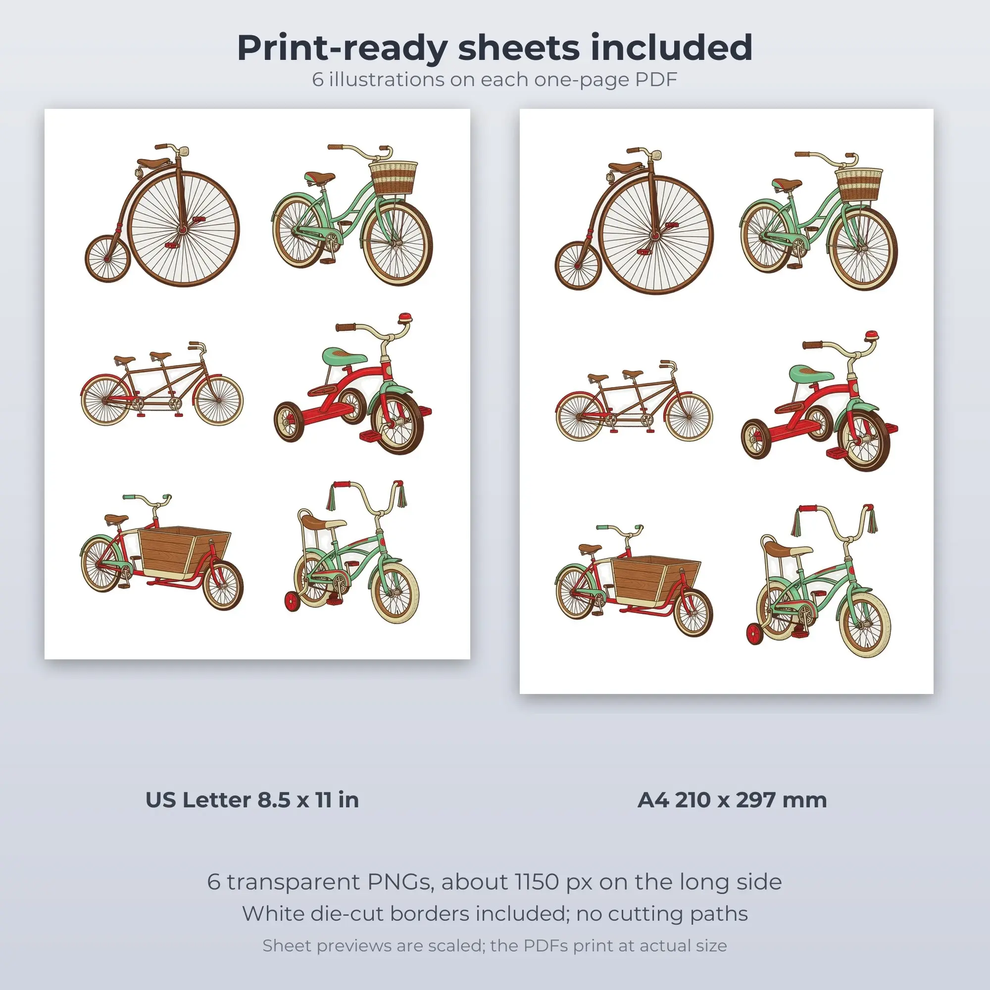 6 Vintage Bicycles Stickers - Printable Sticker Sheet PDF, preview 2 of 2