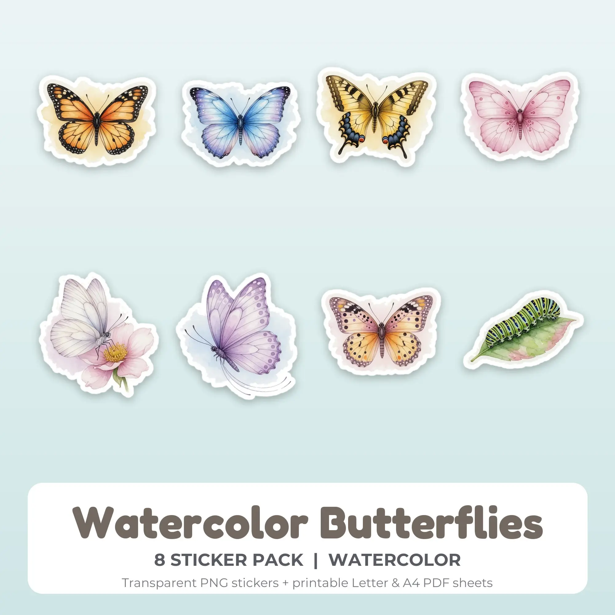 8 Watercolor Butterflies Stickers - Printable Sticker Sheet PDF preview