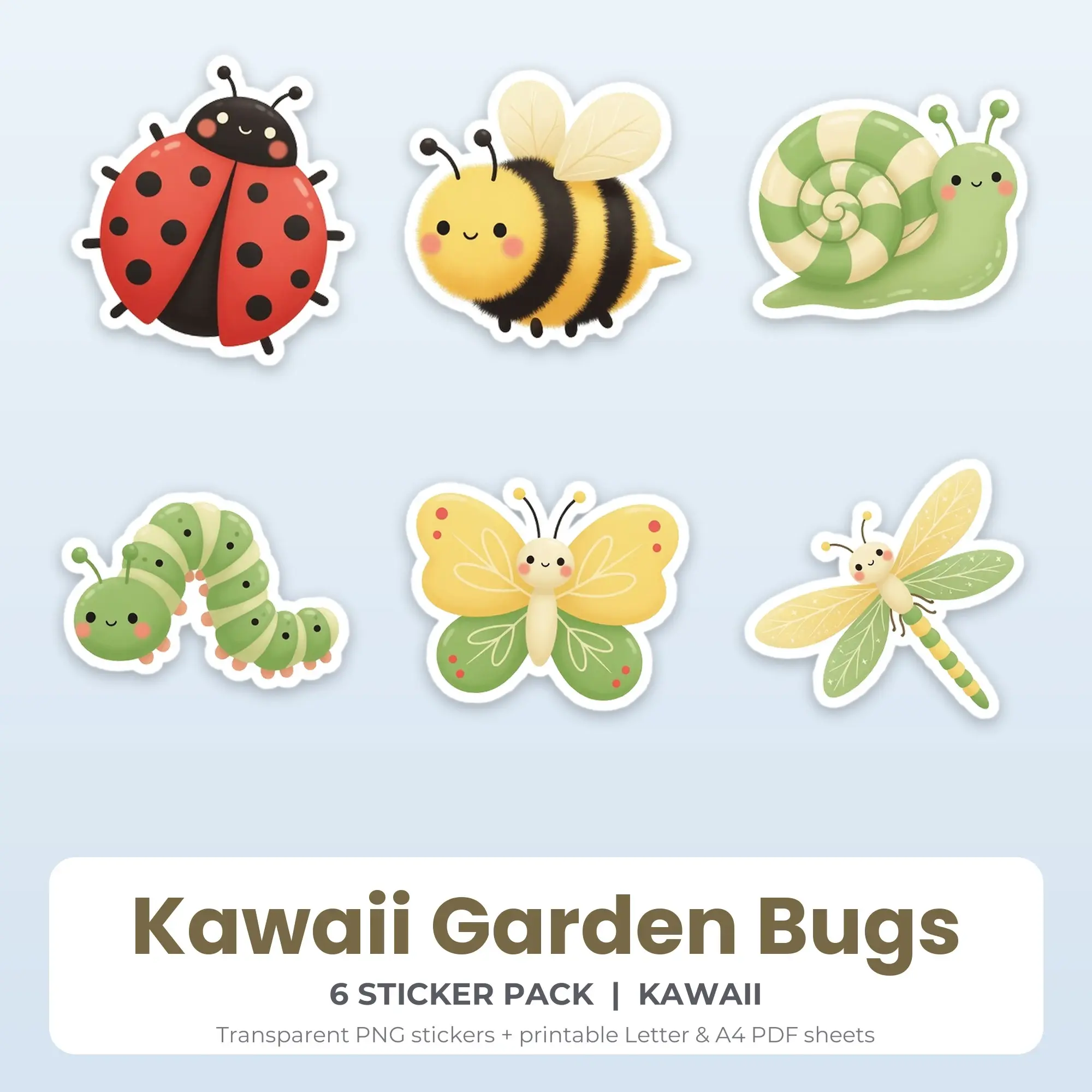 Printable Kawaii Garden Bugs Sticker Pack, Kawaii Style - 6 PNG preview