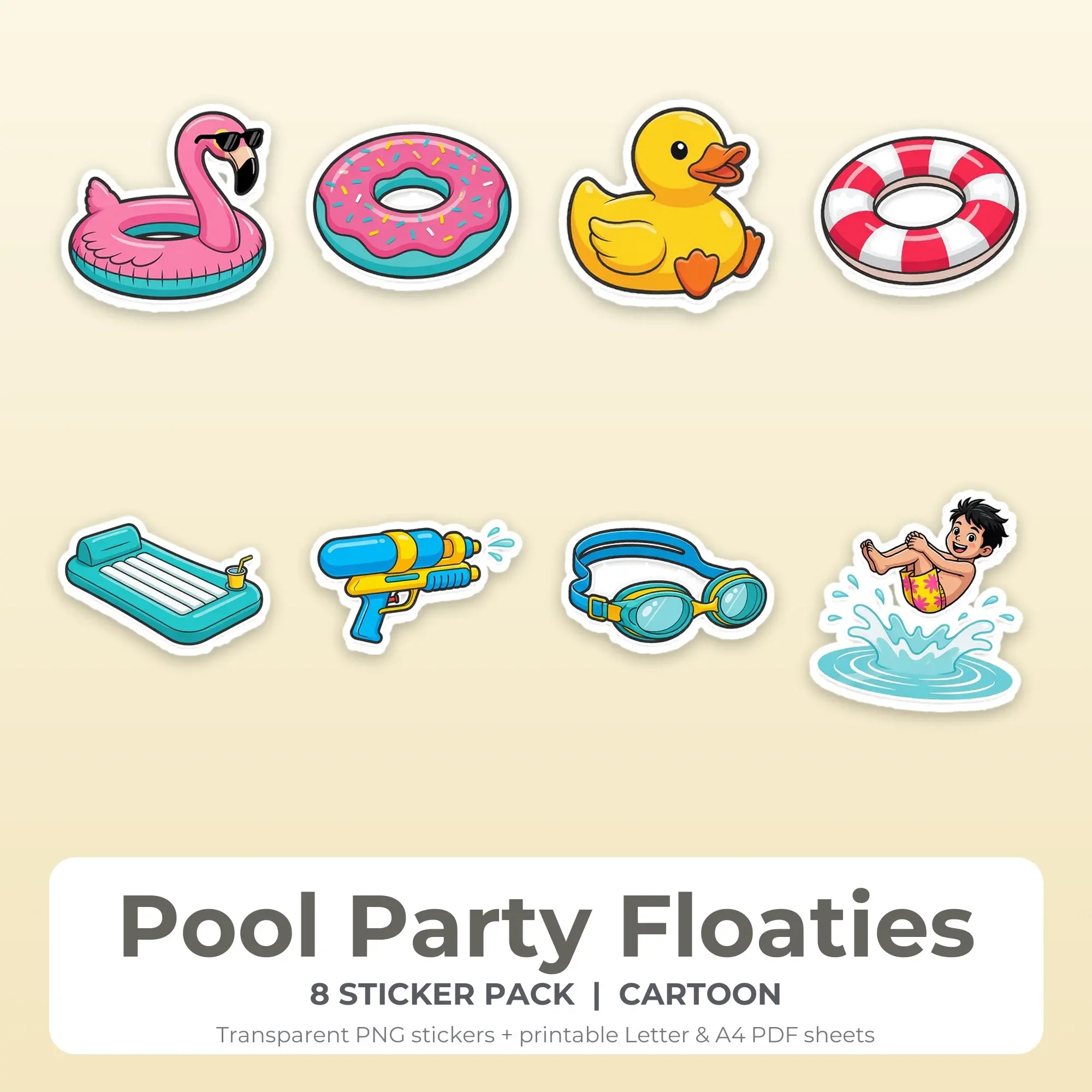 Cartoon Pool Party Floaties Sticker Set - 8 Printable PNG preview
