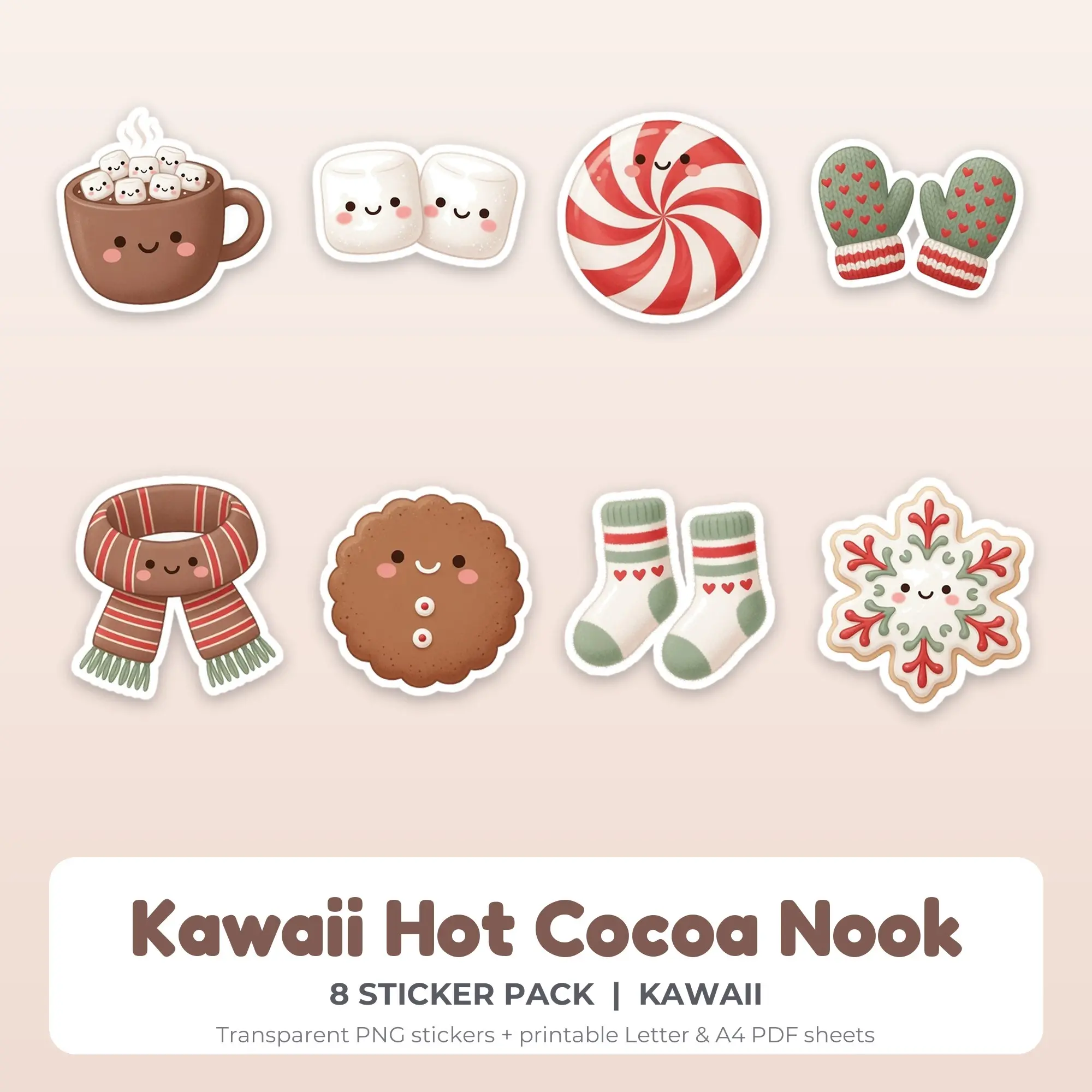 Printable Kawaii Hot Cocoa Nook Sticker Pack, Kawaii Style - 8 PNG preview