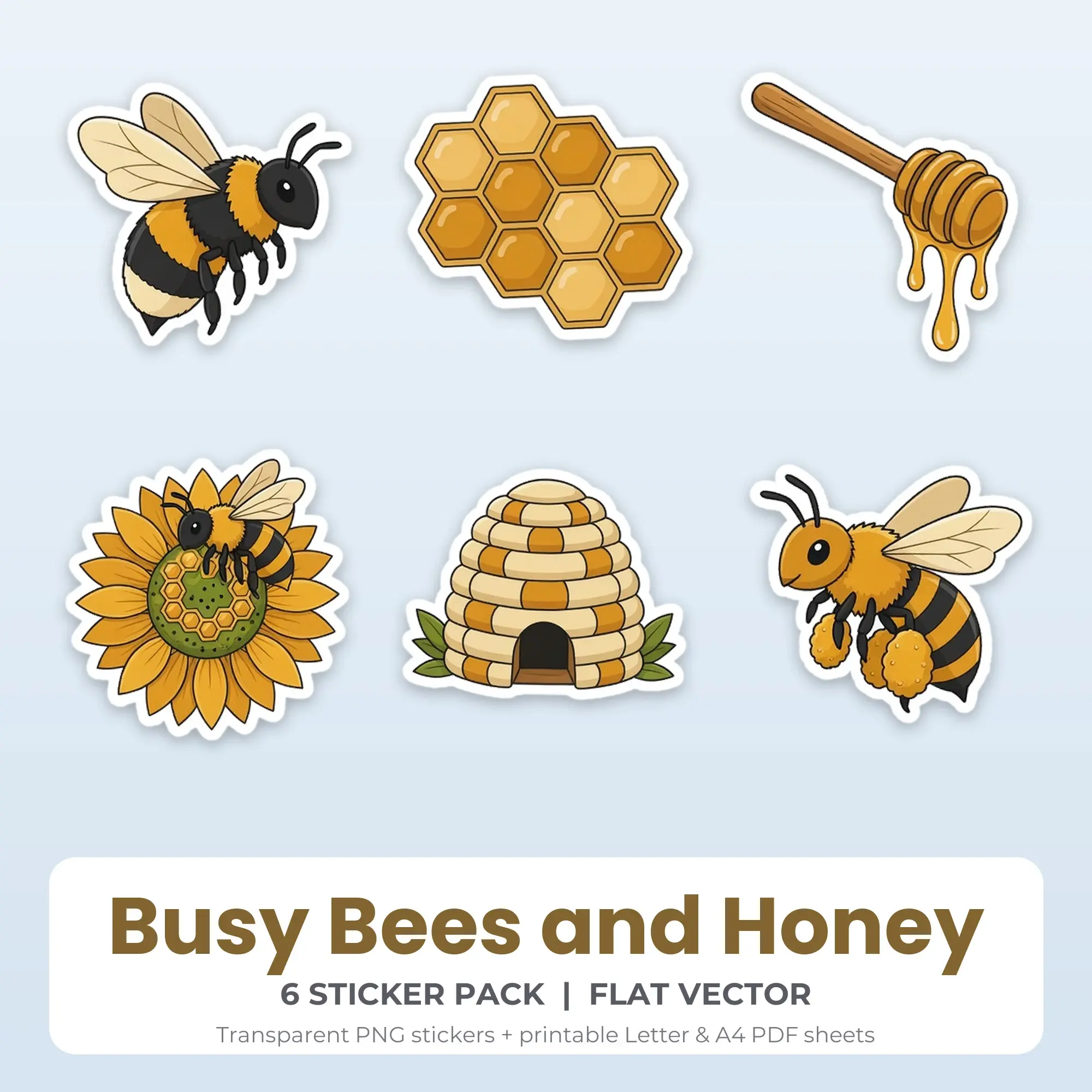 Busy Bees and Honey Printable Stickers - 6 Die-Cut PNG + PDF preview
