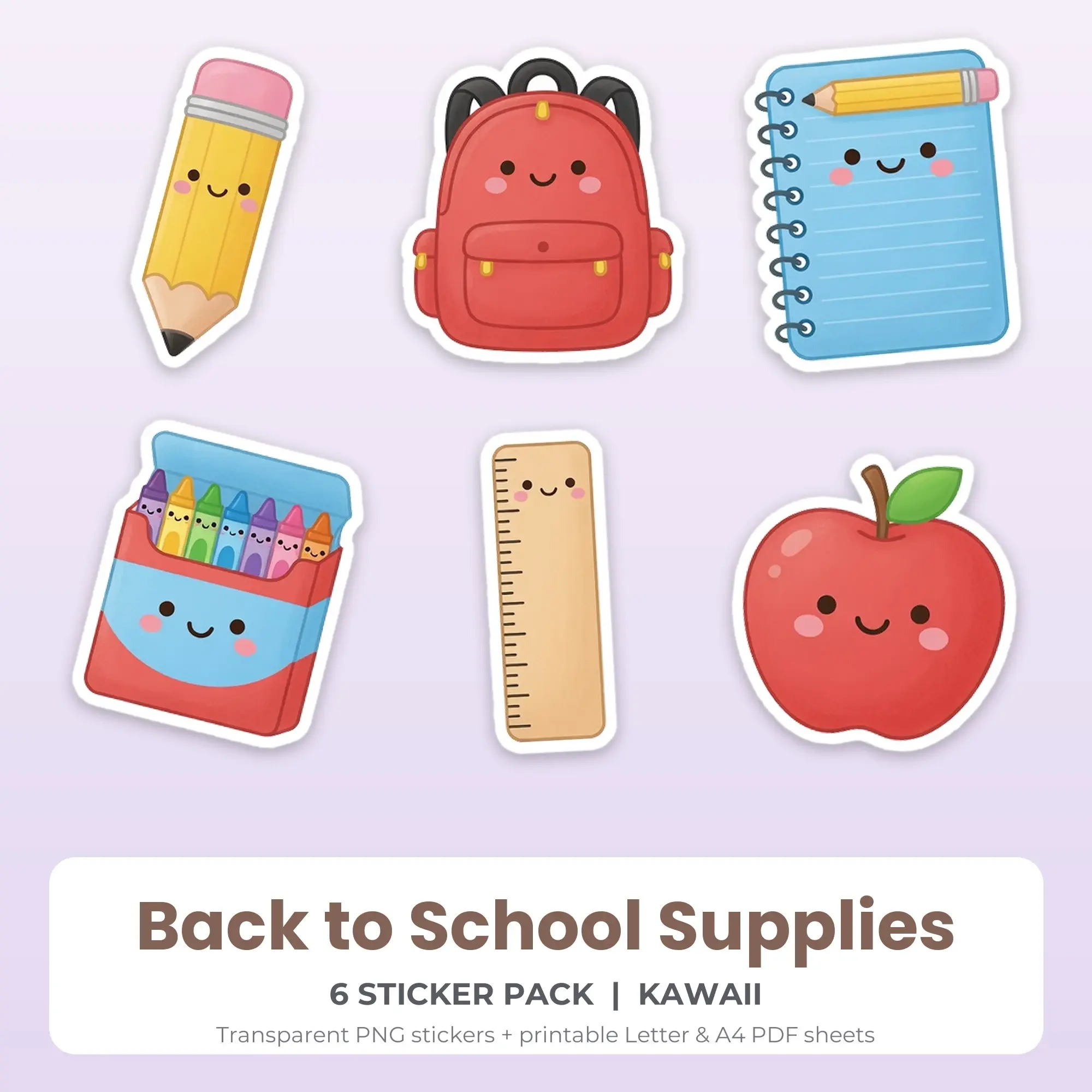 Back to School Supplies Stickers, 6 PNG + Printable PDF Sheet preview