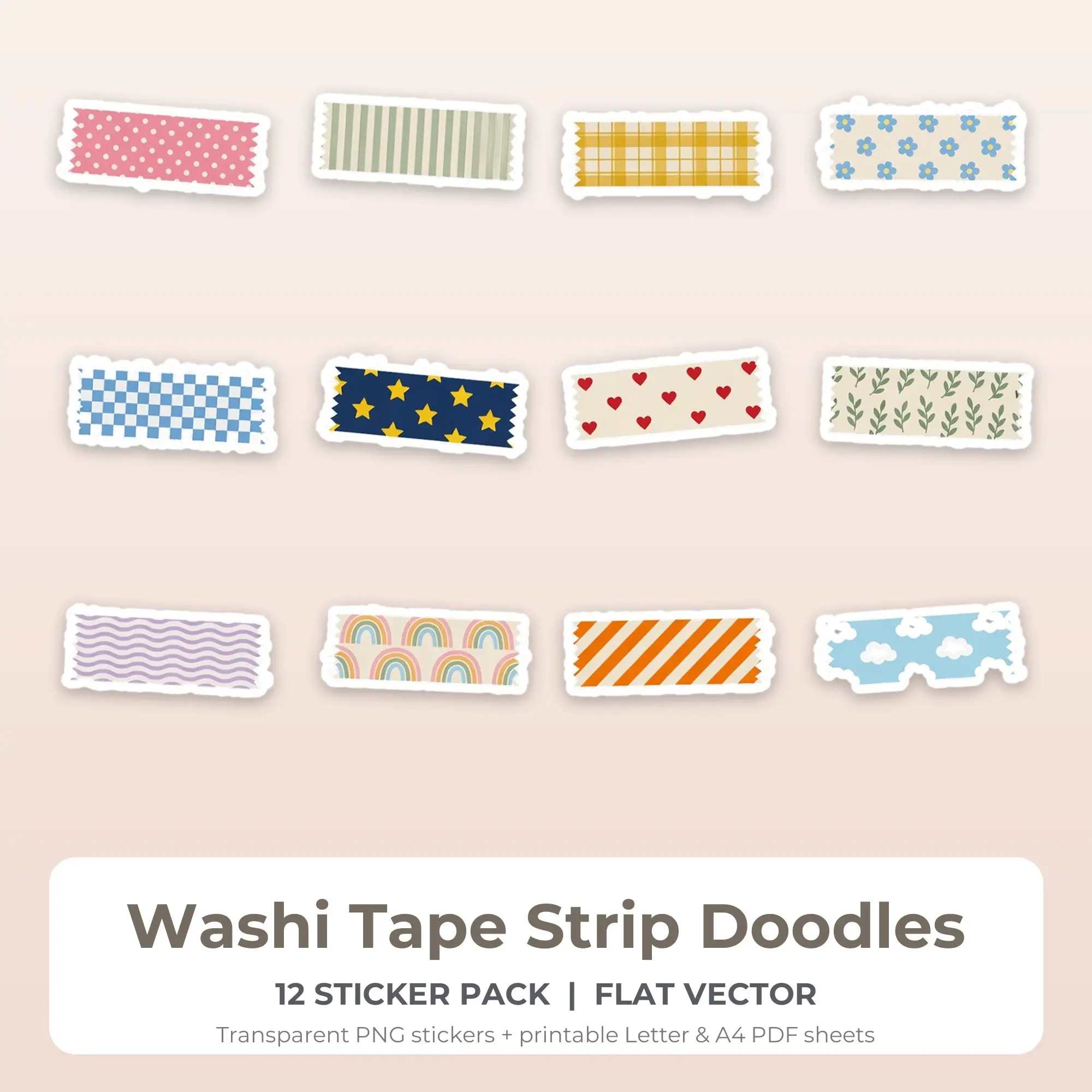 Washi Tape Strip Doodles Stickers, 12 PNG + Printable PDF Sheet preview