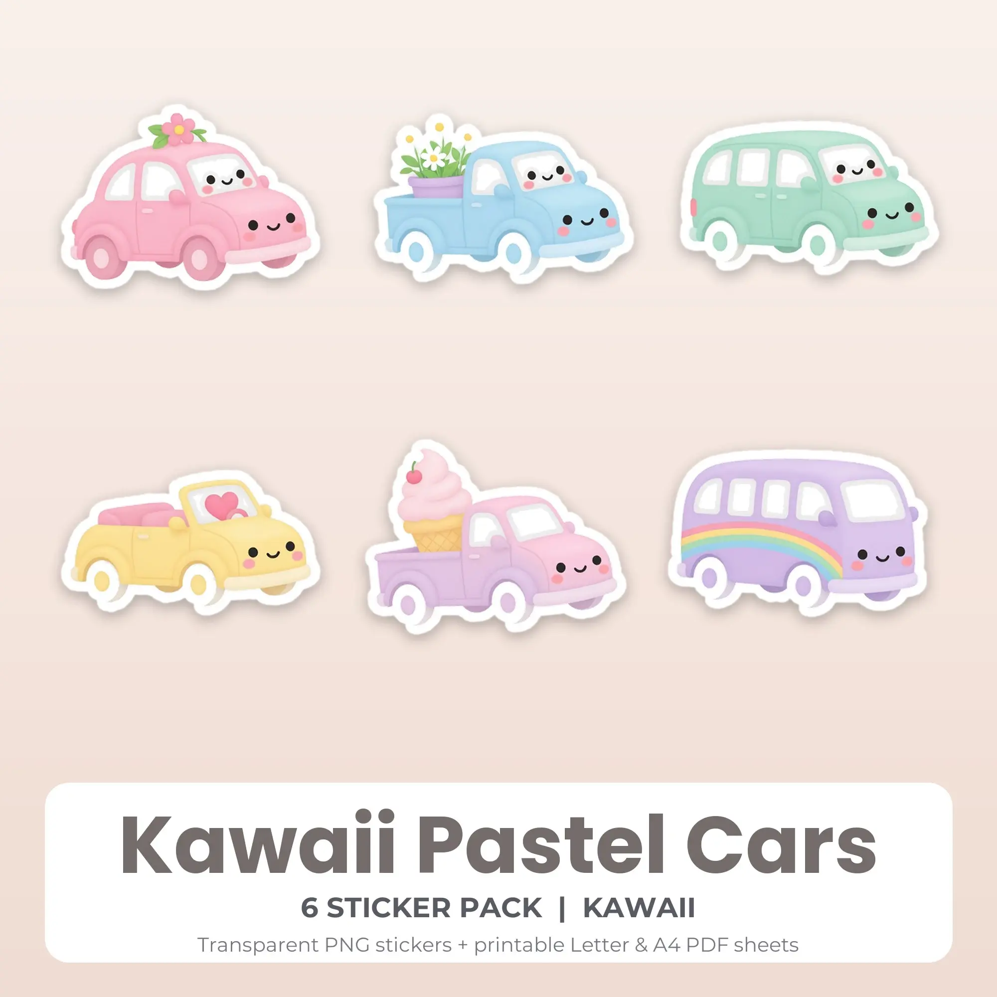 Kawaii Pastel Cars Stickers, 6 PNG + Printable PDF Sheet preview