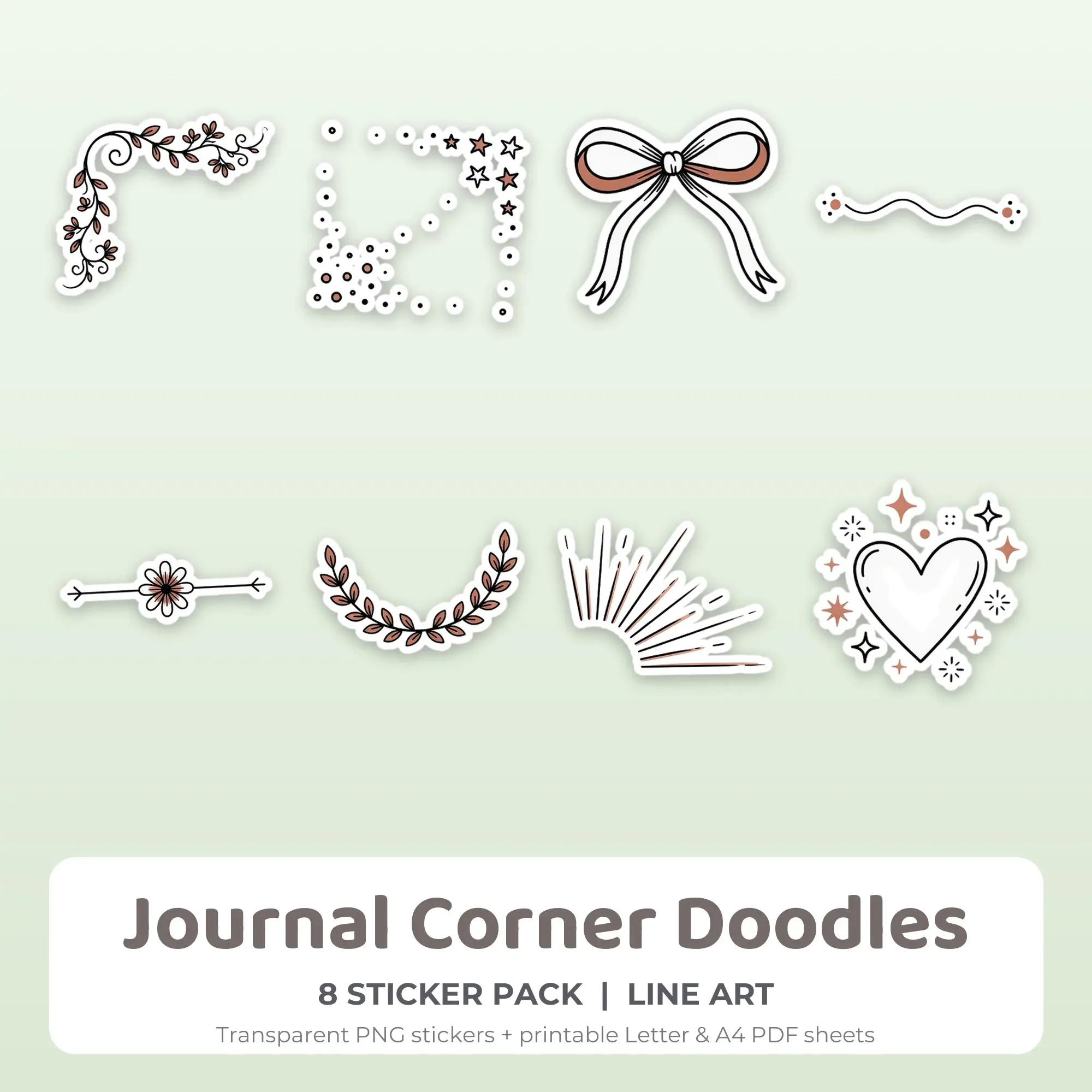 Printable Journal Corner Doodles Sticker Pack, Line Art Style - 8 PNG preview