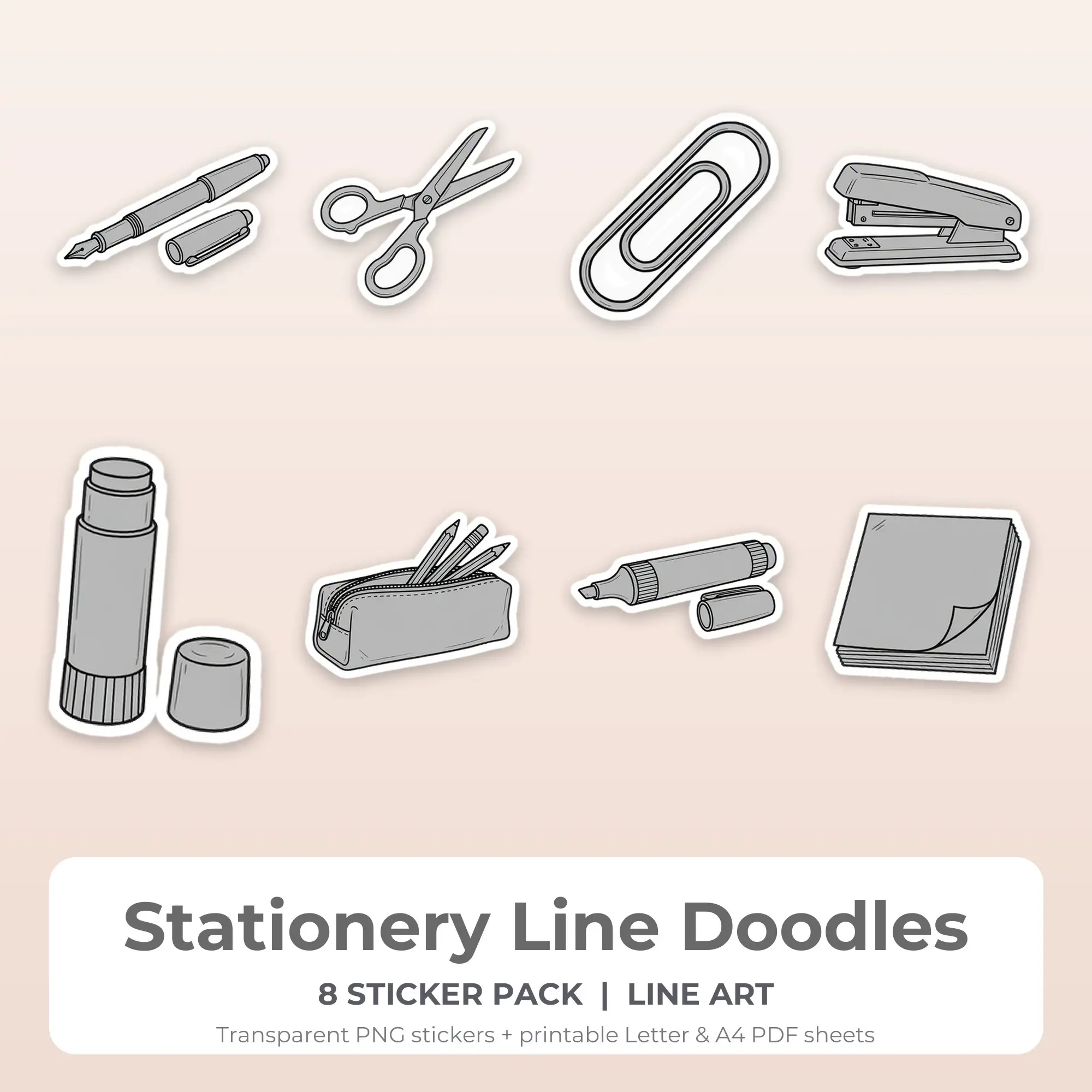 8 Stationery Line Doodles Stickers - Printable Sticker Sheet PDF, preview 1 of 2