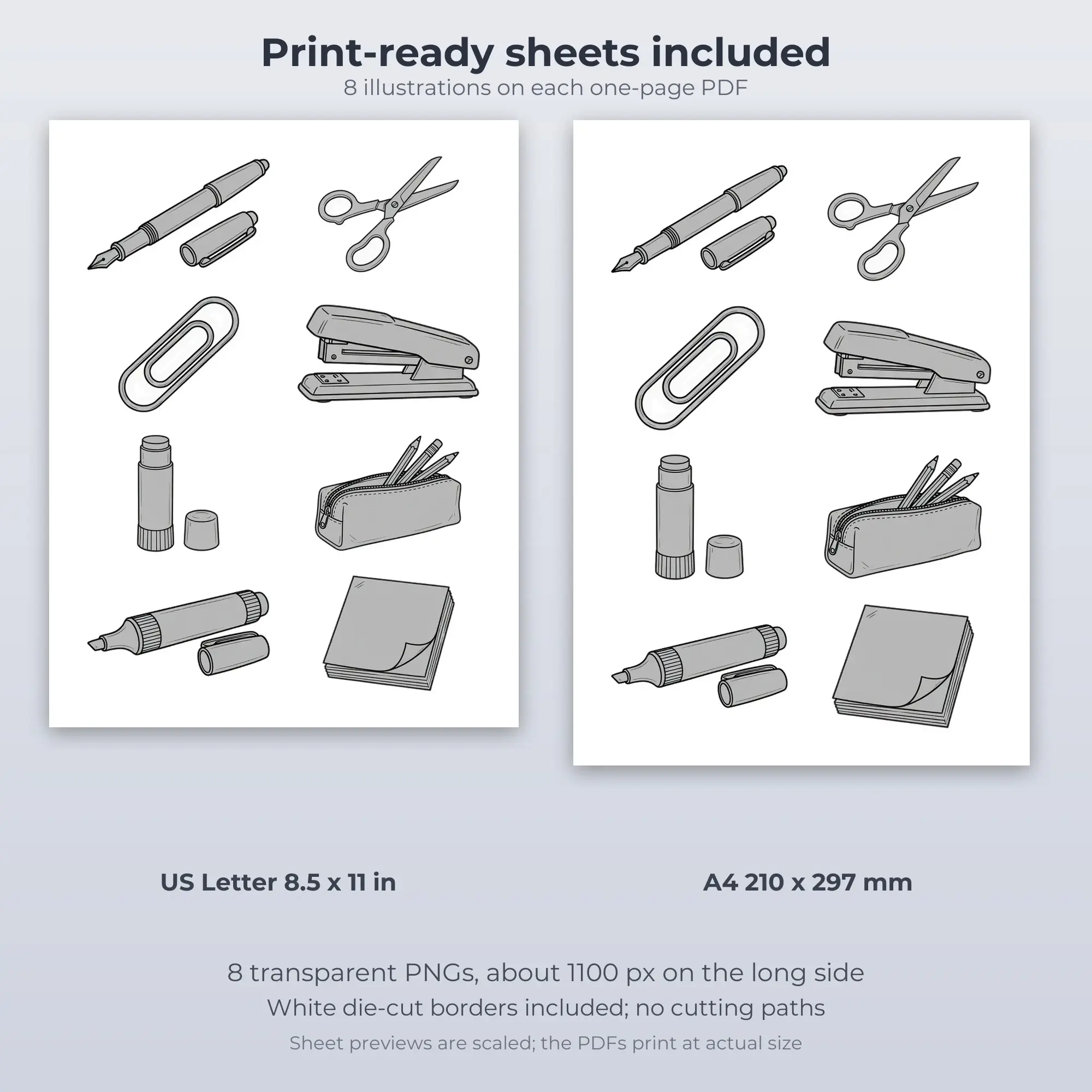 8 Stationery Line Doodles Stickers - Printable Sticker Sheet PDF, preview 2 of 2