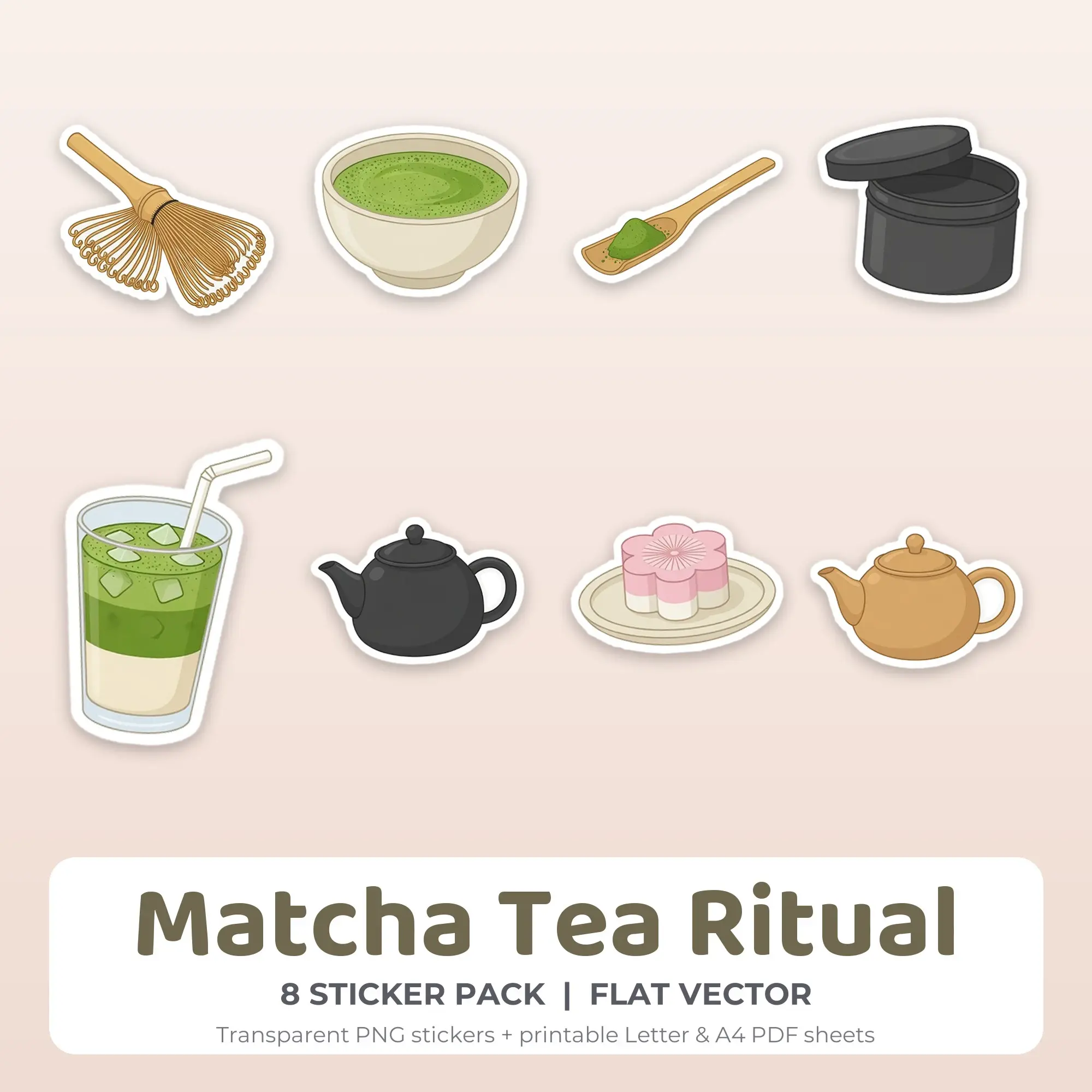 Printable Matcha Tea Ritual Sticker Pack, Flat Vector Style - 8 PNG preview