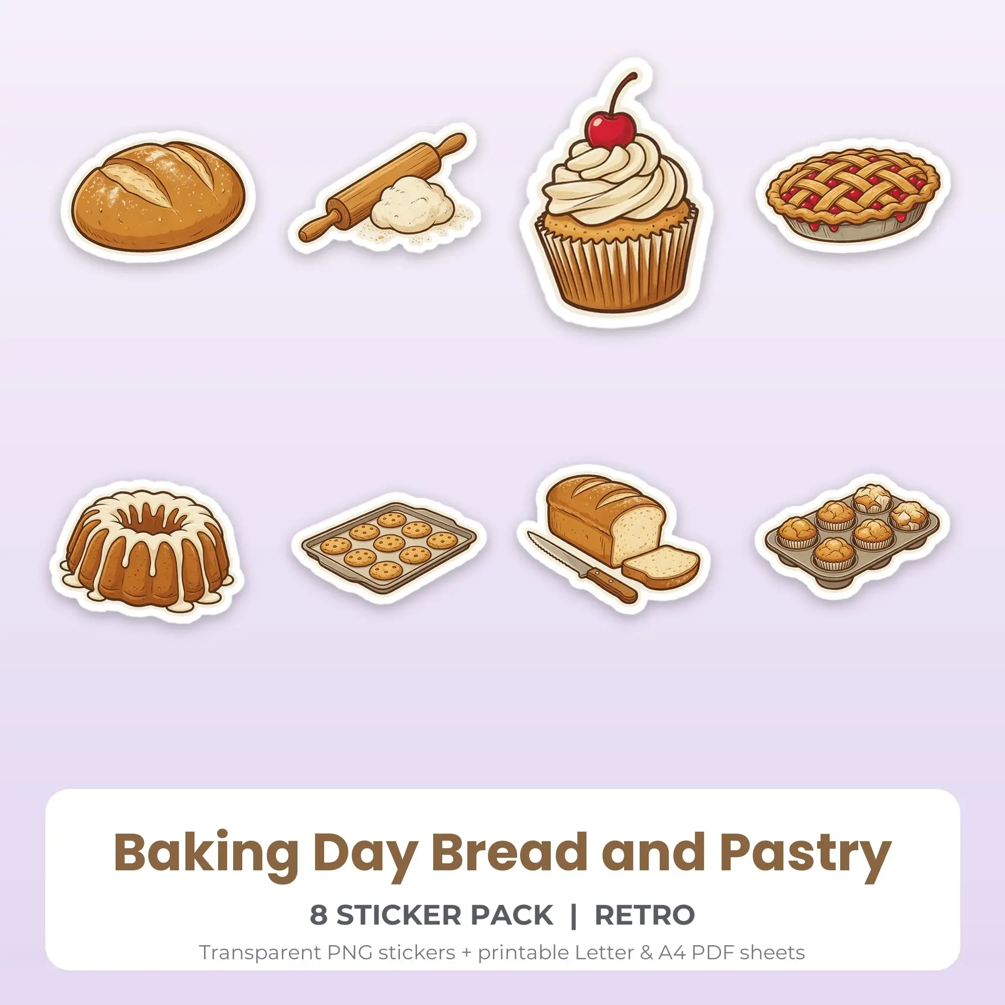 Baking Day Bread and Pastry Stickers, 8 PNG + Printable PDF Sheet preview