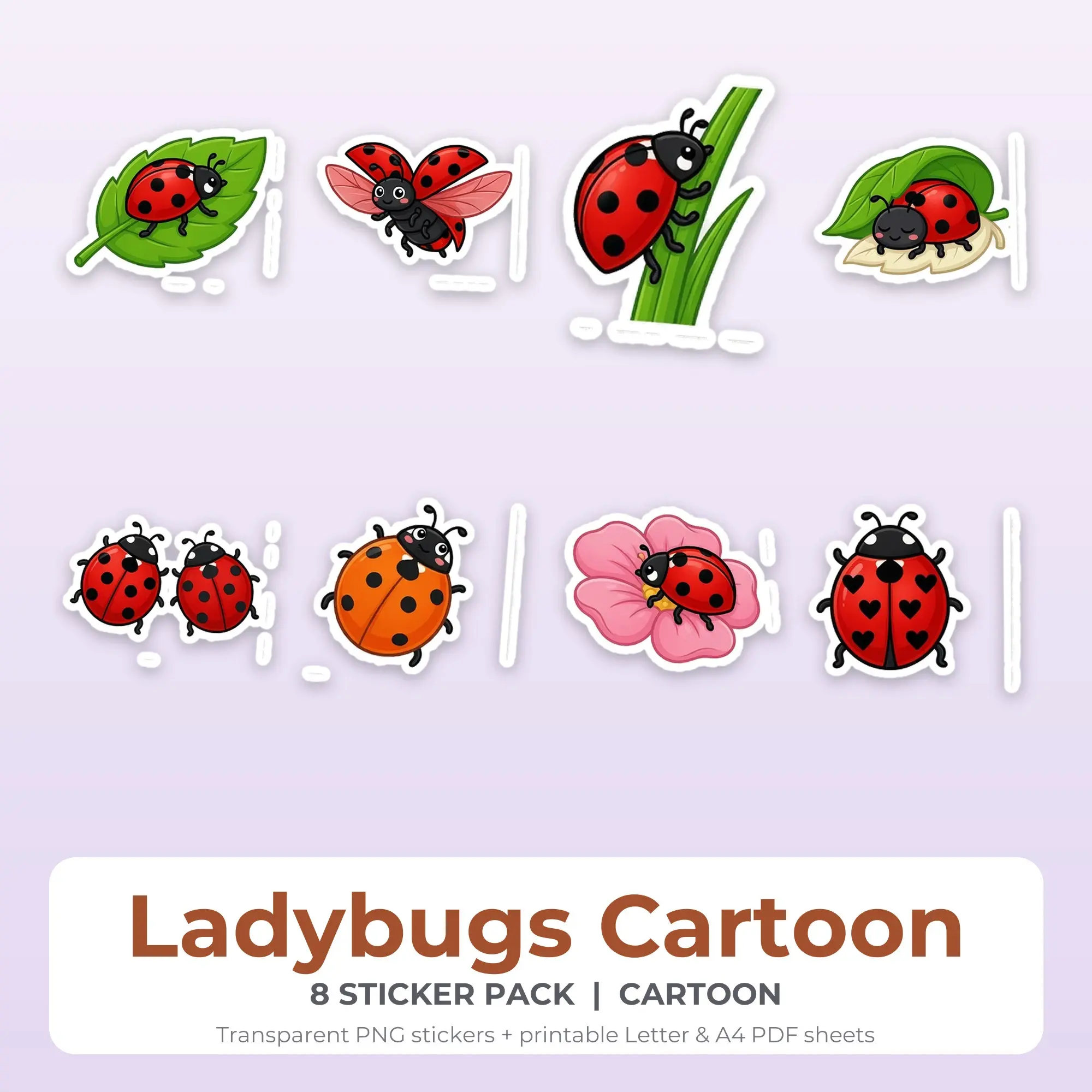 Printable Ladybugs Cartoon Sticker Pack, Cartoon Style - 8 PNG preview