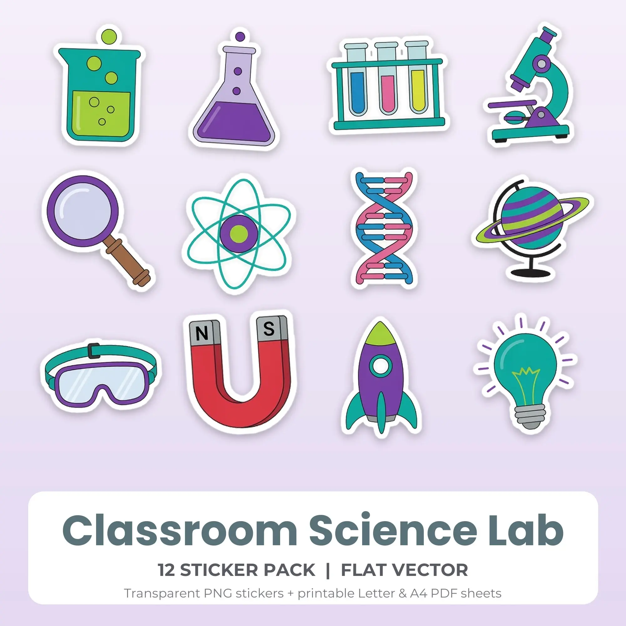 Flat Vector Classroom Science Lab Sticker Set - 12 Printable PNG preview