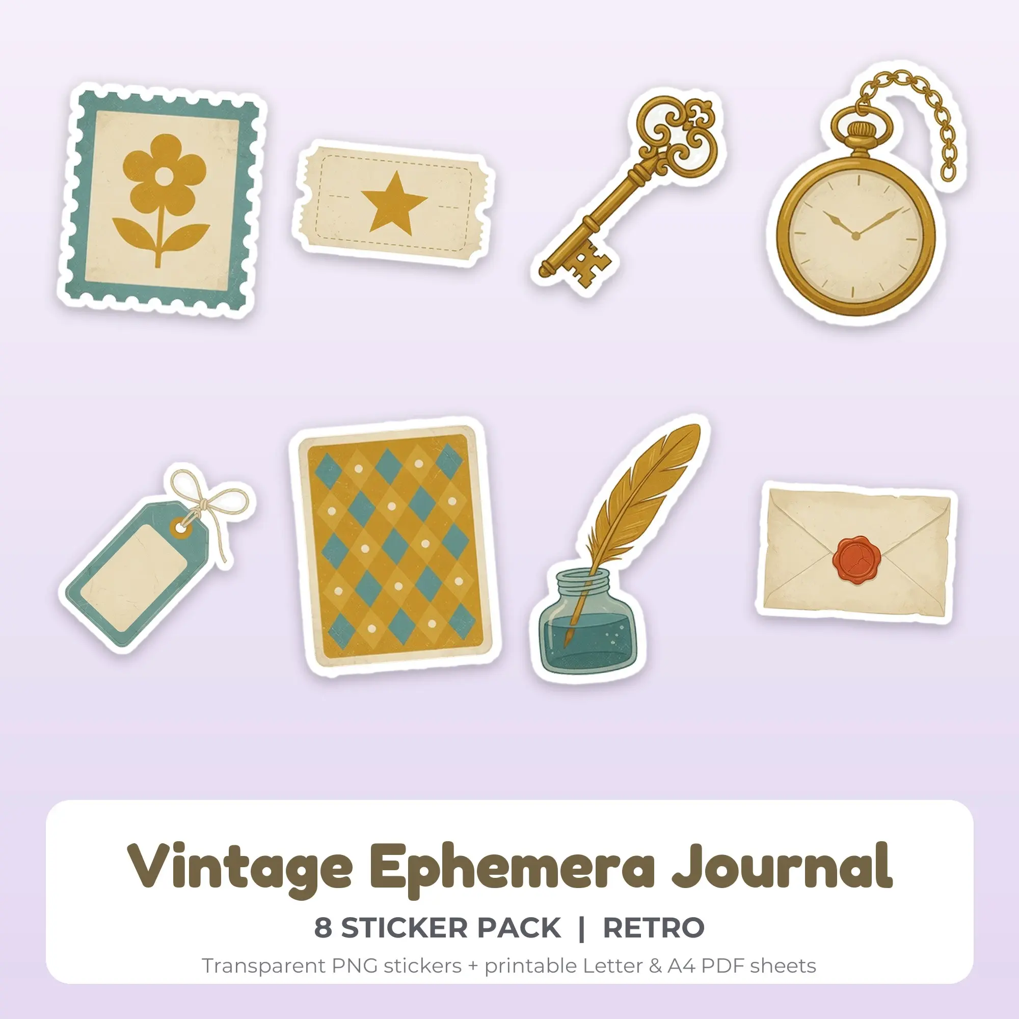 8 Vintage Ephemera Journal Stickers - Printable Sticker Sheet PDF preview