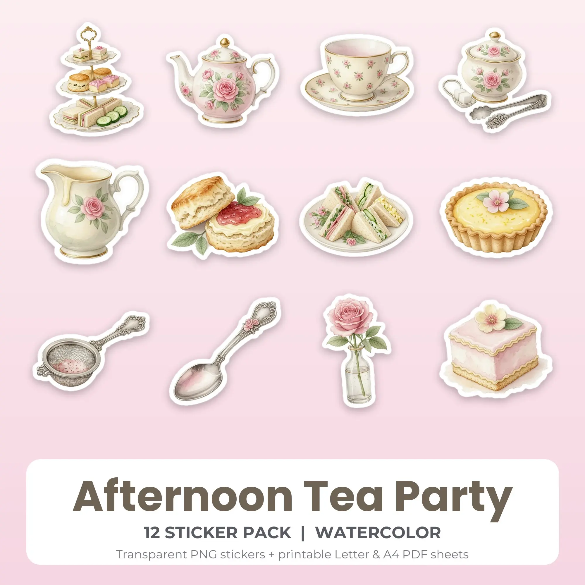 Watercolor Afternoon Tea Party Sticker Set - 12 Printable PNG preview