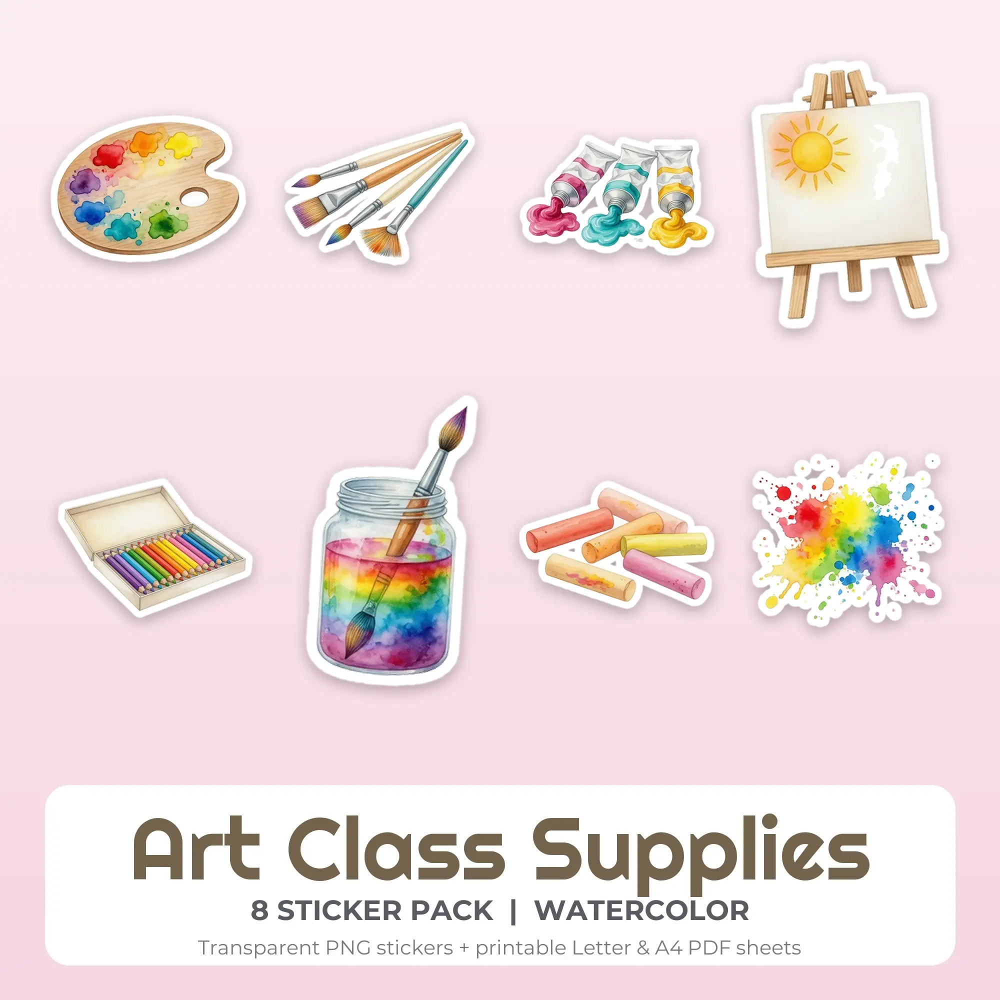 Art Class Supplies Stickers, 8 PNG + Printable PDF Sheet, preview 1 of 2
