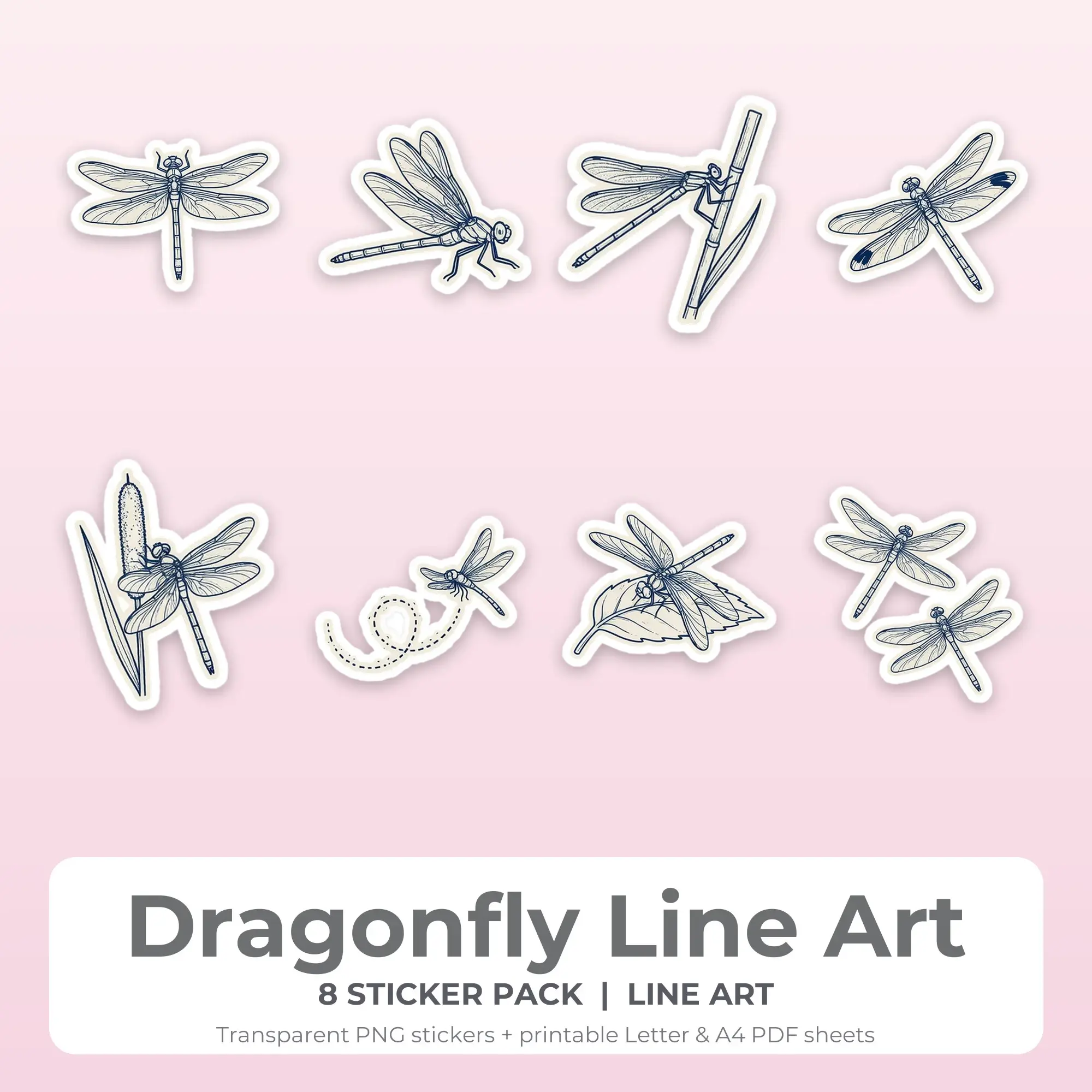 Dragonfly Line Art Printable Stickers - 8 Die-Cut PNG + PDF preview