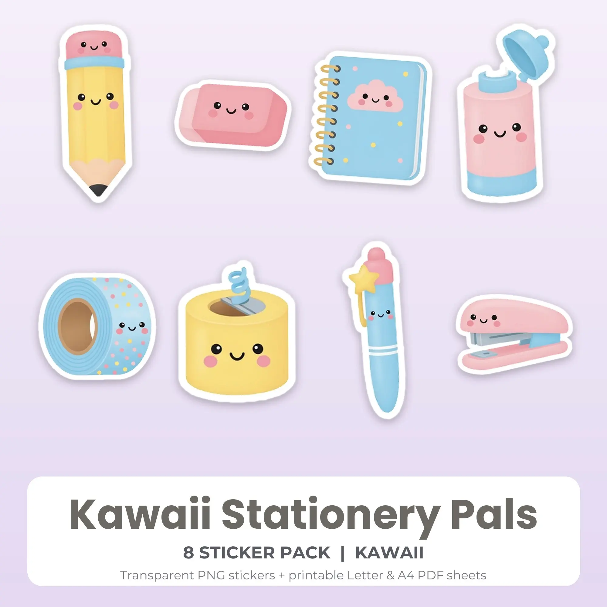 Kawaii Stationery Pals Stickers, 8 PNG + Printable PDF Sheet preview