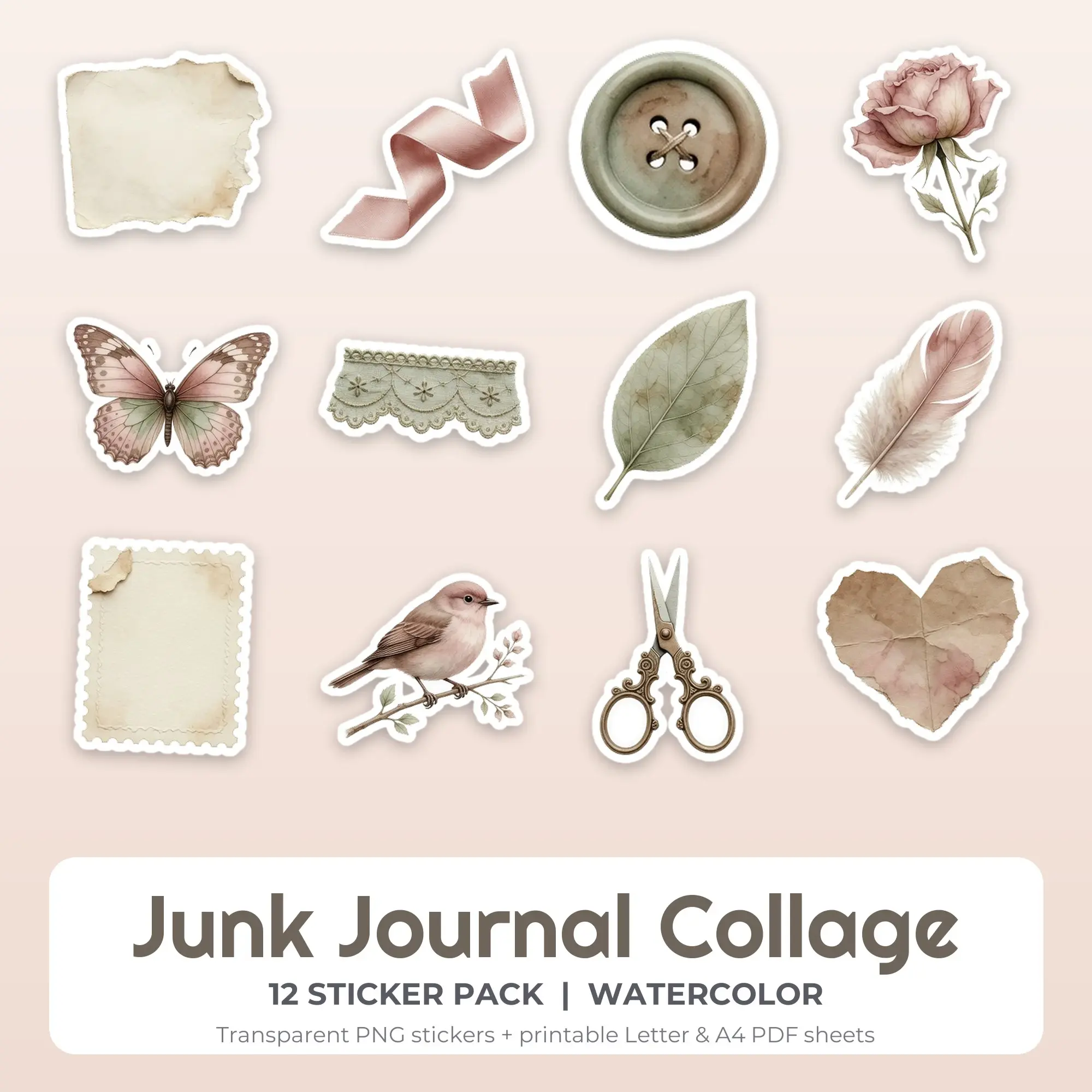 Watercolor Junk Journal Collage Sticker Set - 12 Printable PNG preview