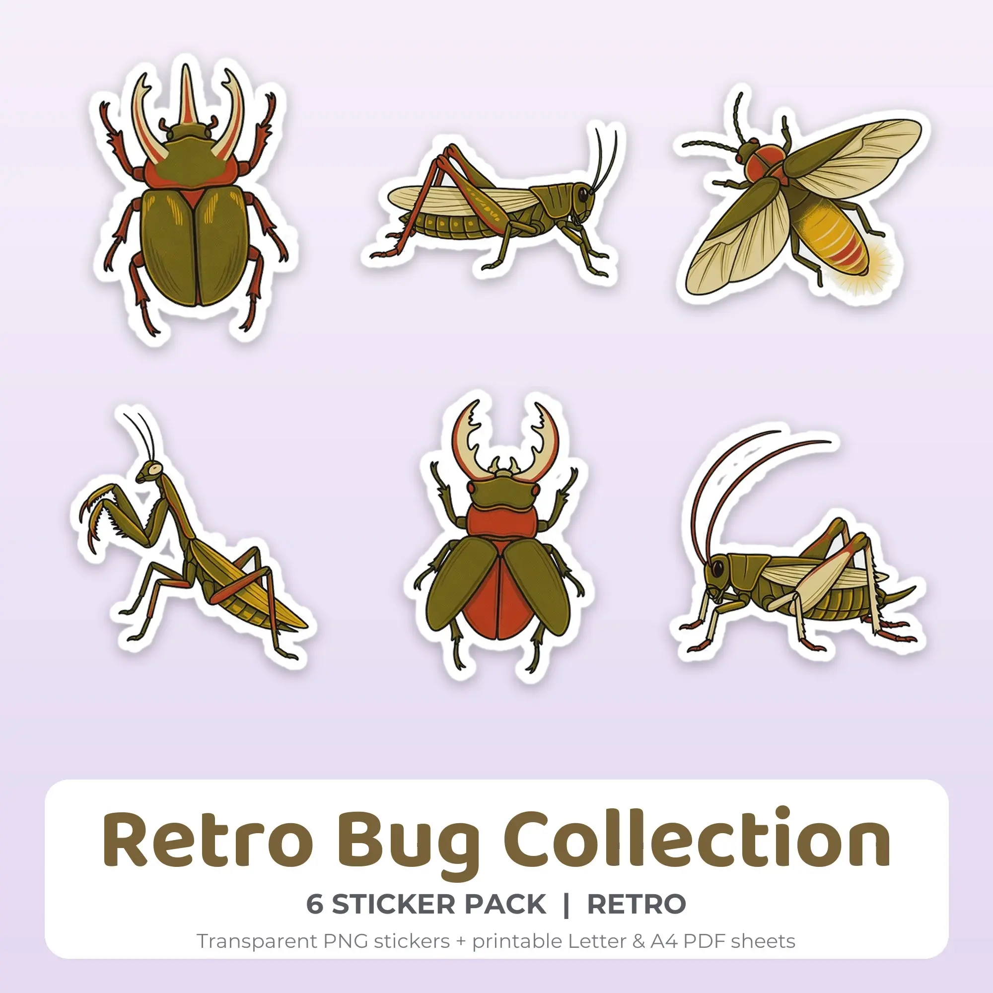 Printable Retro Bug Collection Sticker Pack, Retro Style - 6 PNG preview