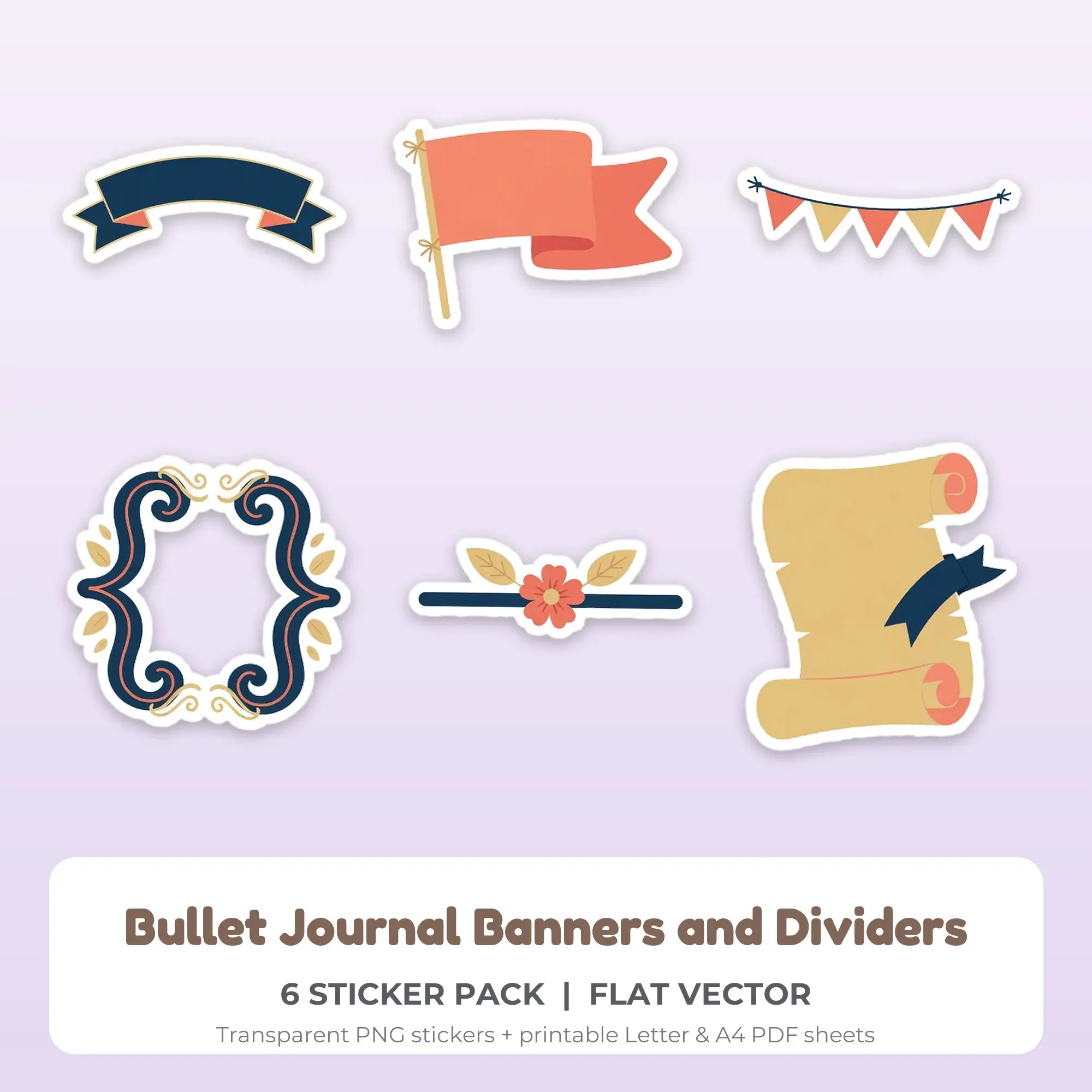 Bullet Journal Banners and Dividers Stickers - 6 PNG + PDF preview