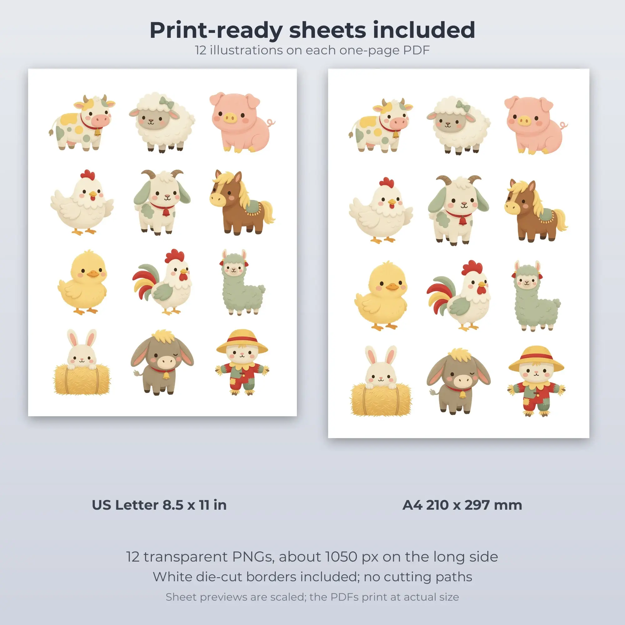 Kawaii Farm Animals Sticker Pack - 12 Printable Stickers, preview 2 of 2