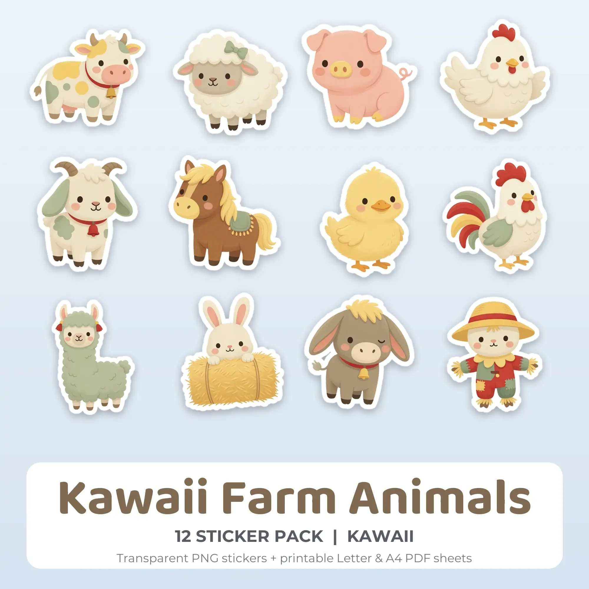 Kawaii Farm Animals Sticker Pack - 12 Printable Stickers, preview 1 of 2