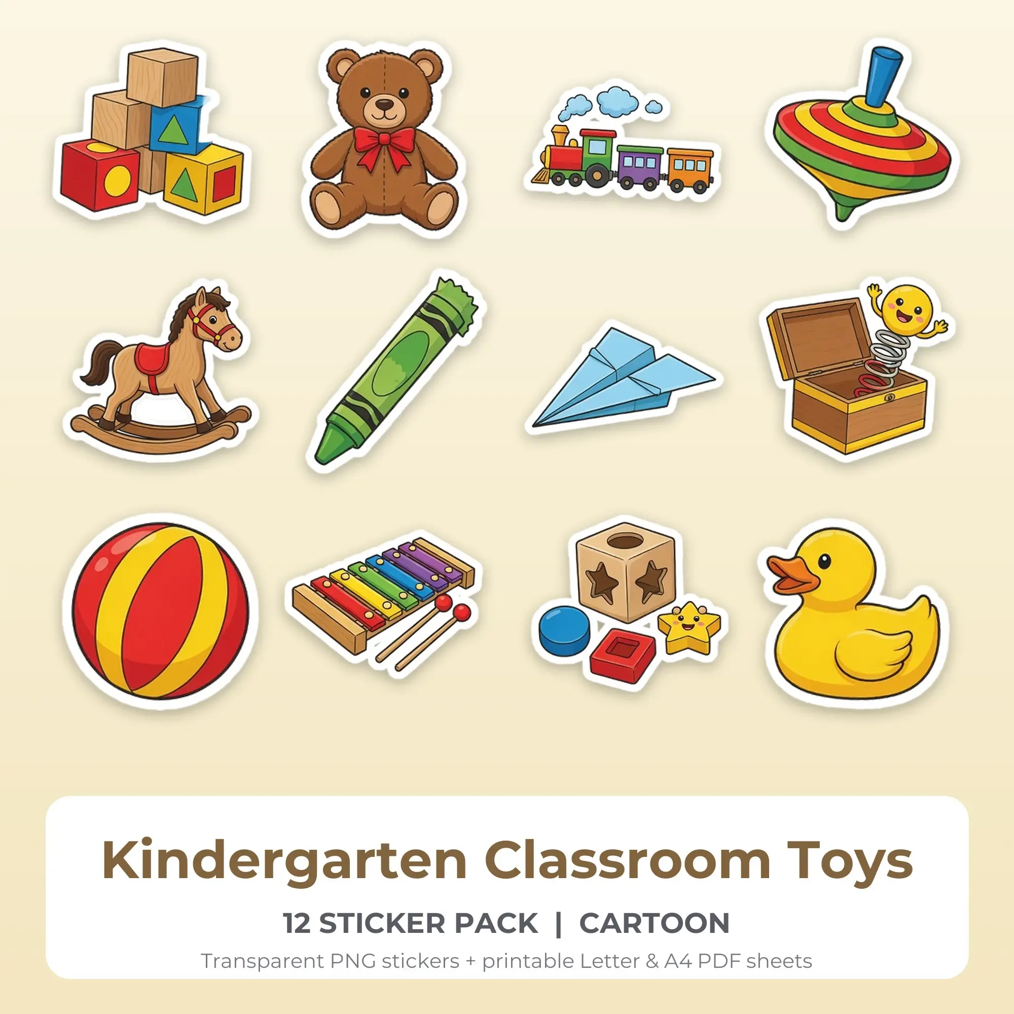 12 Kindergarten Classroom Toys Stickers - Printable Sticker Sheet PDF preview