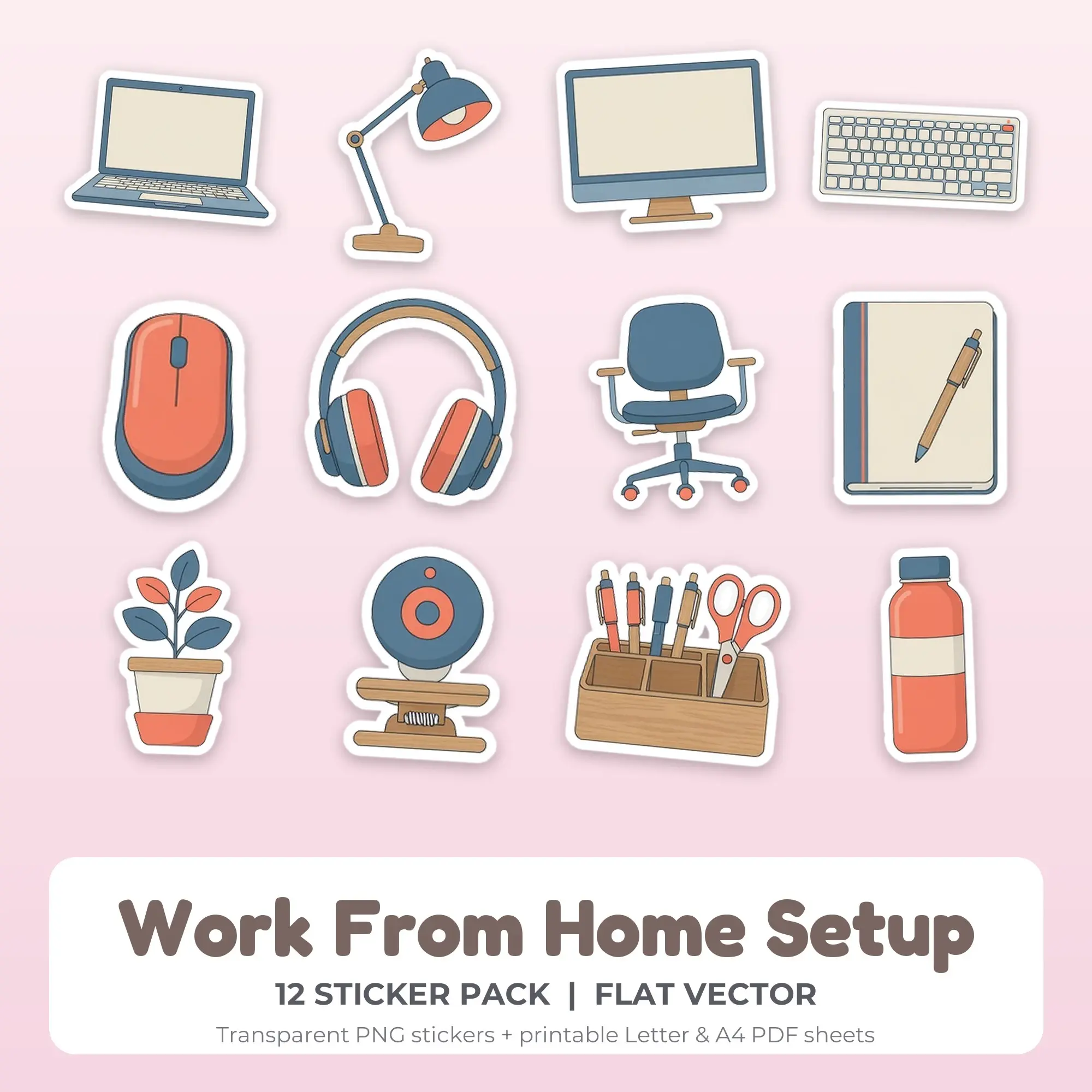 12 Work From Home Setup Stickers - Printable Sticker Sheet PDF preview