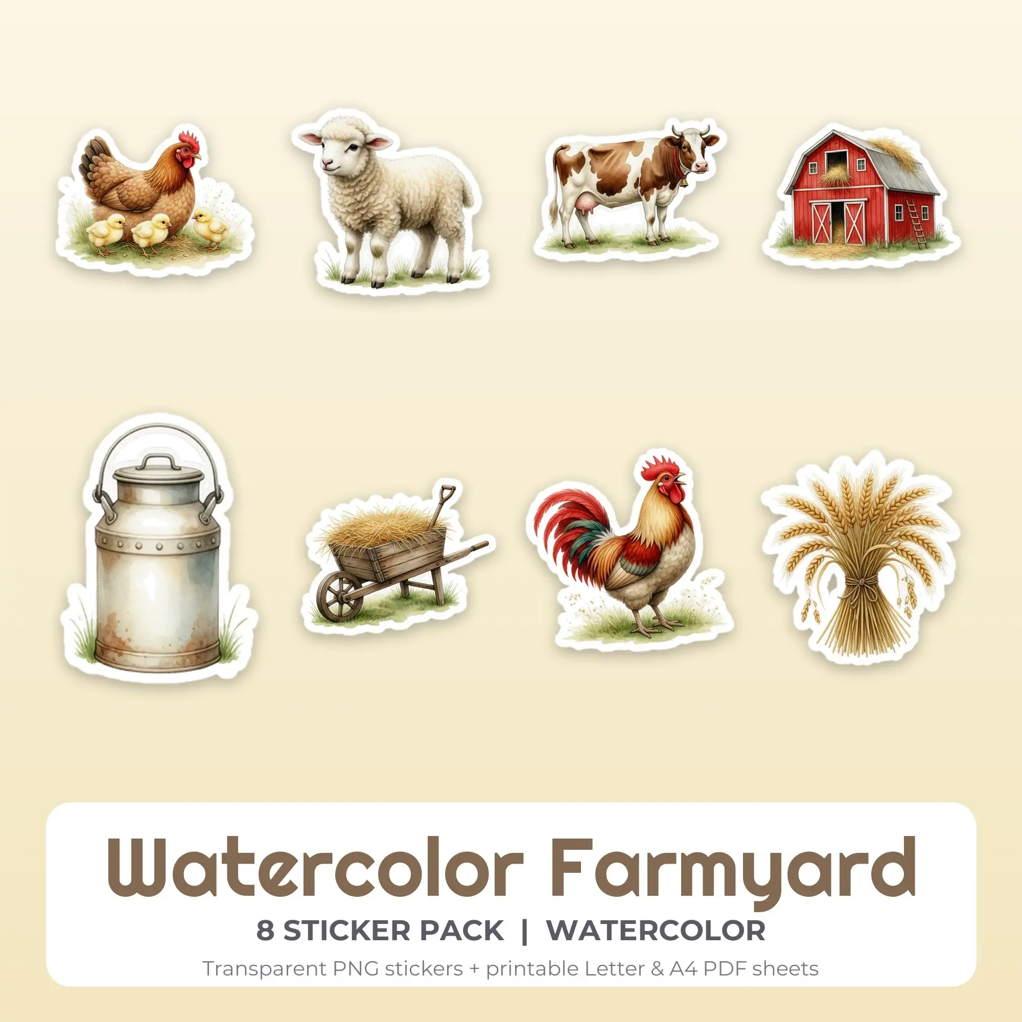 Watercolor Farmyard Sticker Set - 8 Printable PNG preview