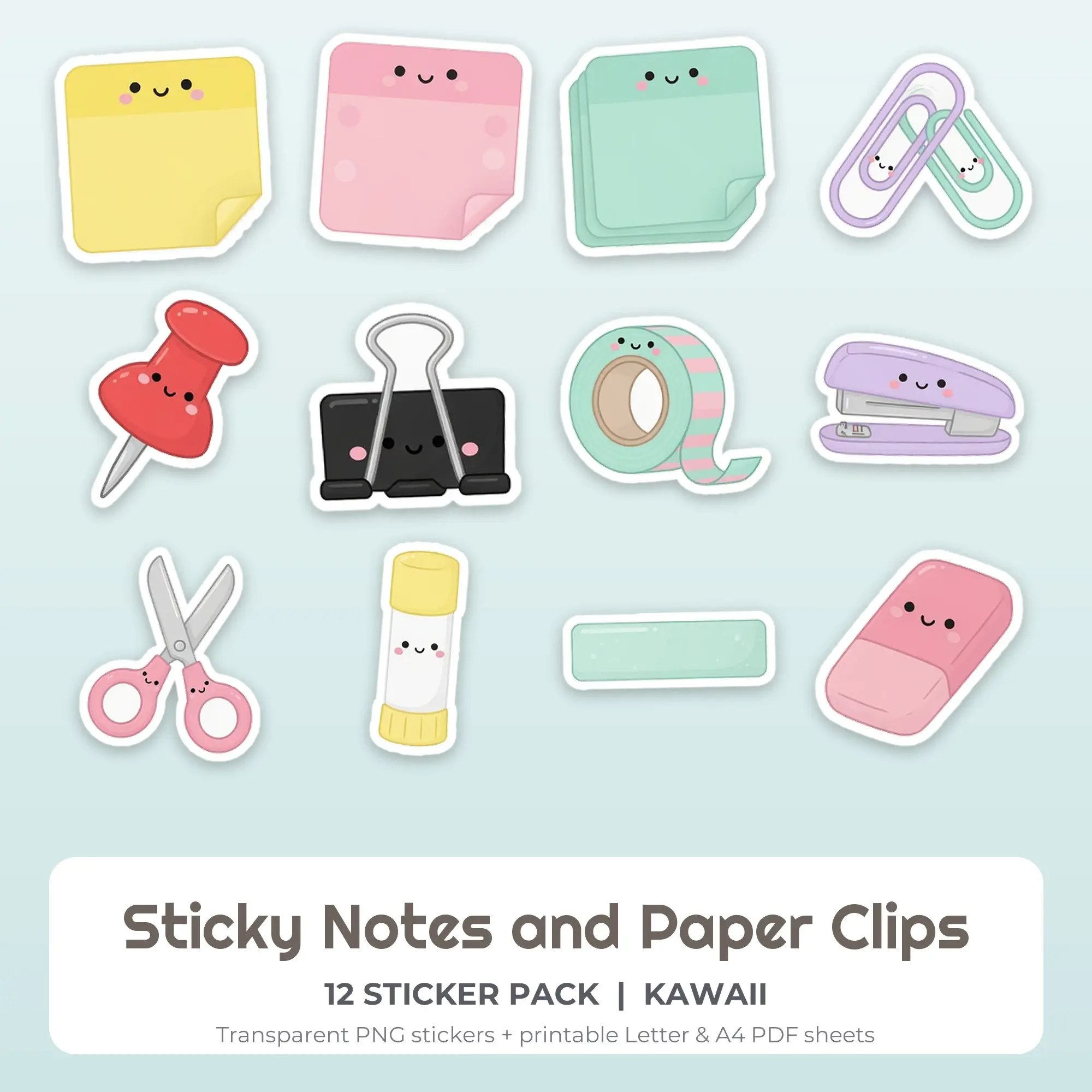 12 Sticky Notes and Paper Clips Stickers - Printable Sticker Sheet PDF, preview 1 of 2