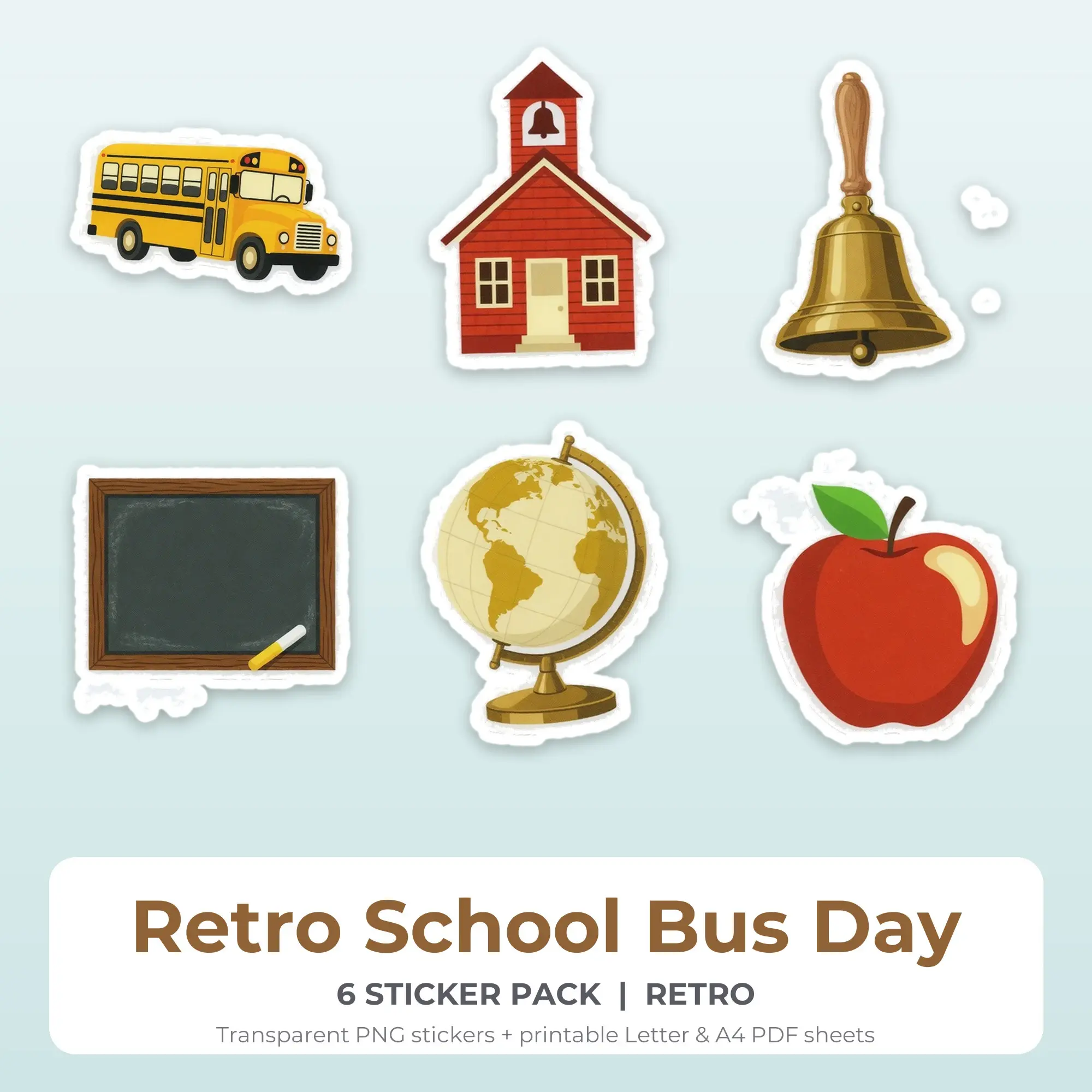 Retro School Bus Day Sticker Pack - 6 Printable Stickers preview
