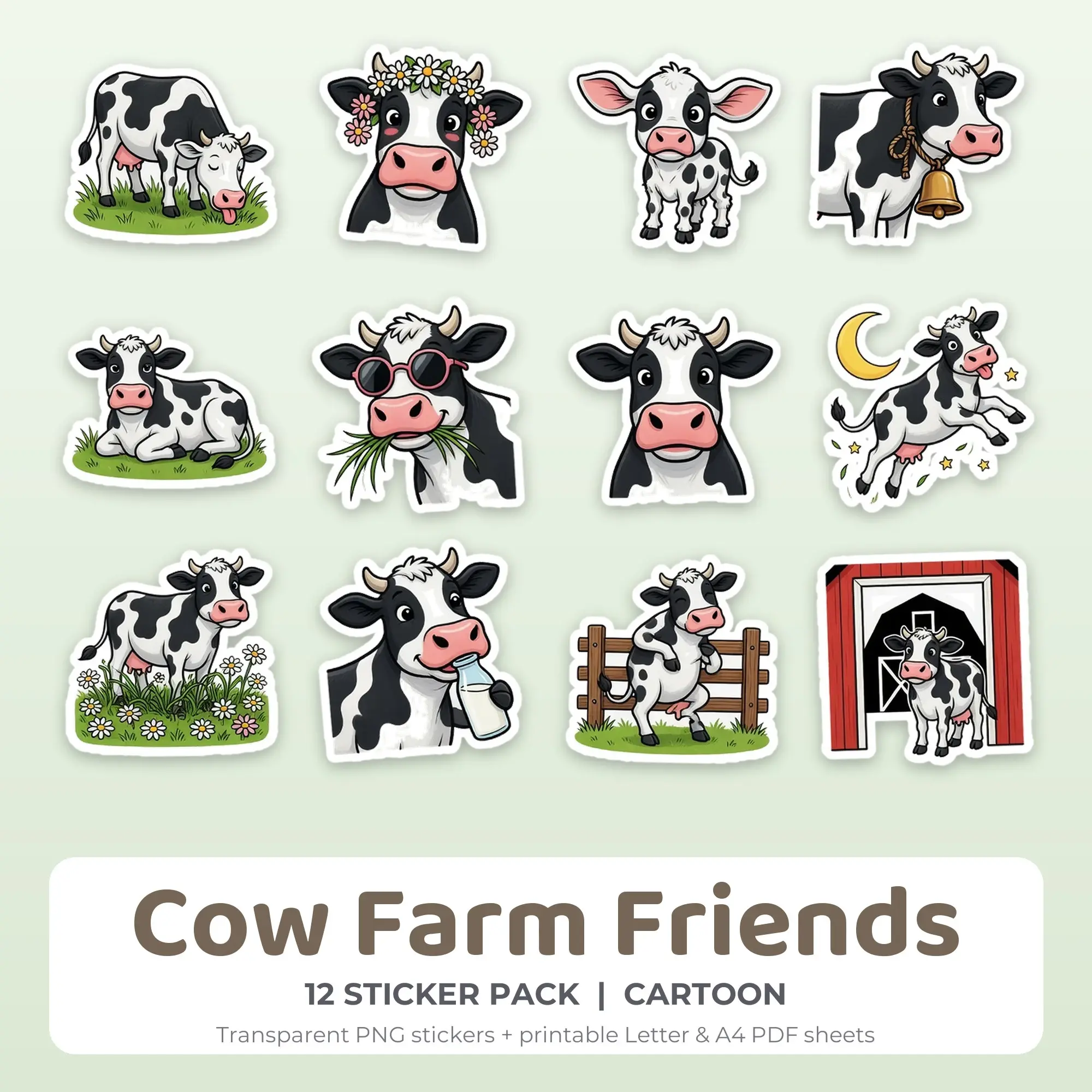 Cartoon Cow Farm Friends Sticker Set - 12 Printable PNG preview