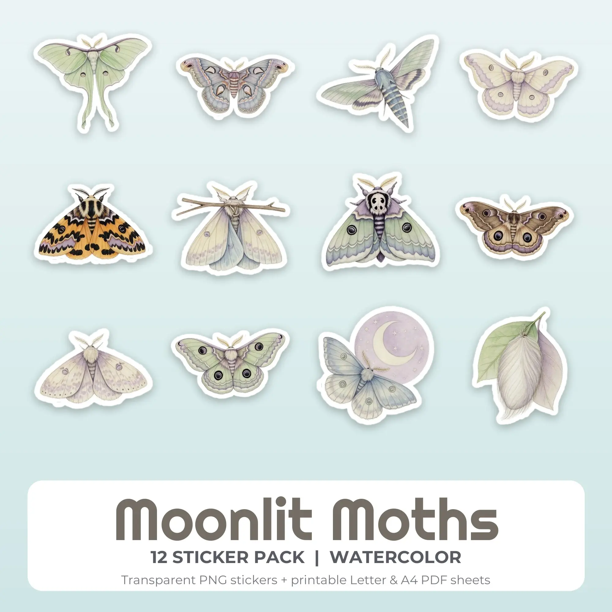 Moonlit Moths Sticker Pack - 12 Printable Stickers preview