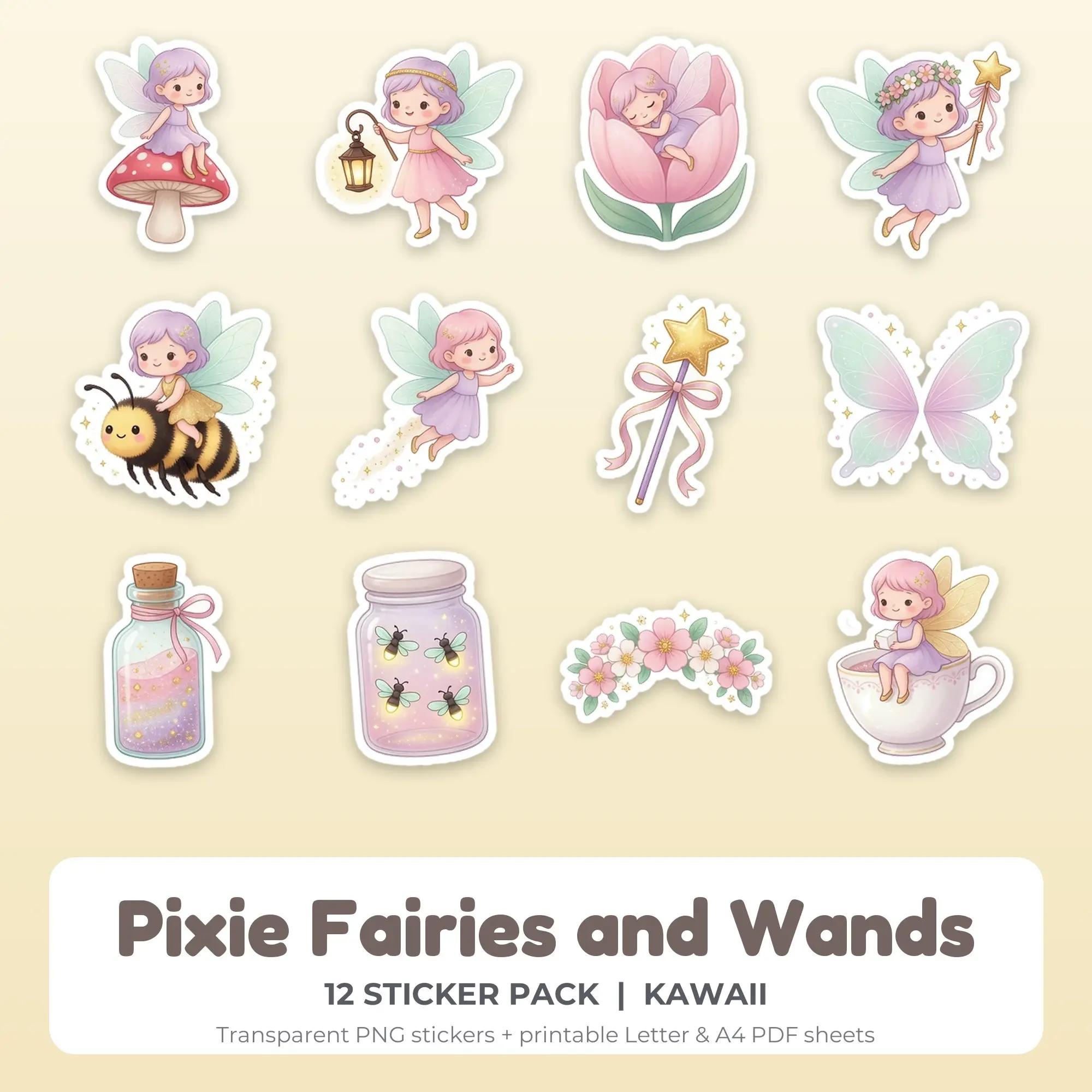 Pixie Fairies and Wands Sticker Pack - 12 Printable Stickers preview