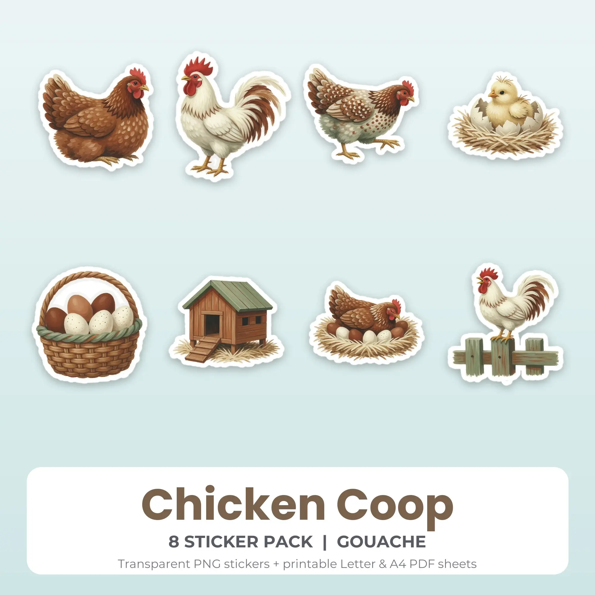Chicken Coop Stickers, 8 PNG + Printable PDF Sheet, preview 1 of 2