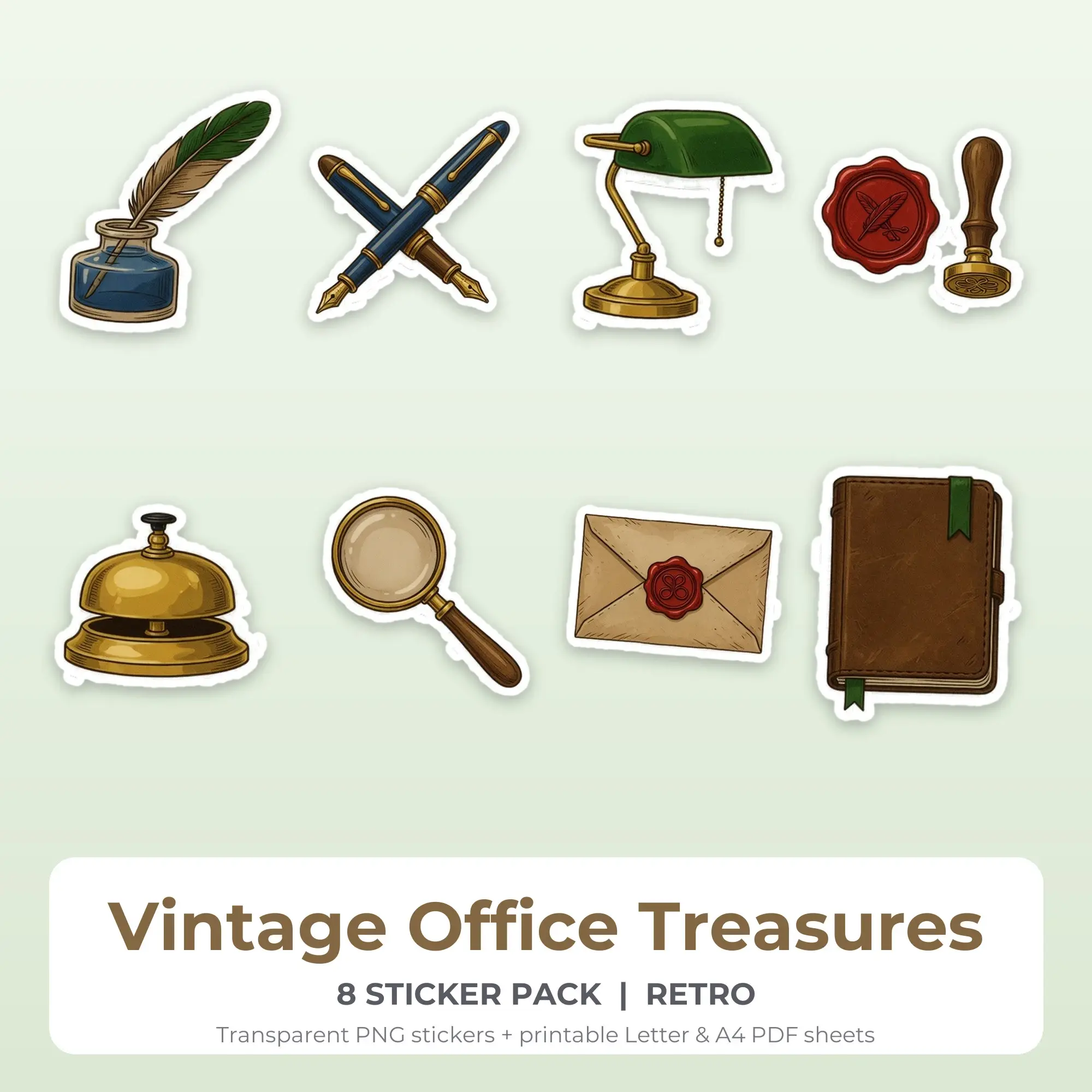 Vintage Office Treasures Printable Stickers - 8 Die-Cut PNG + PDF preview