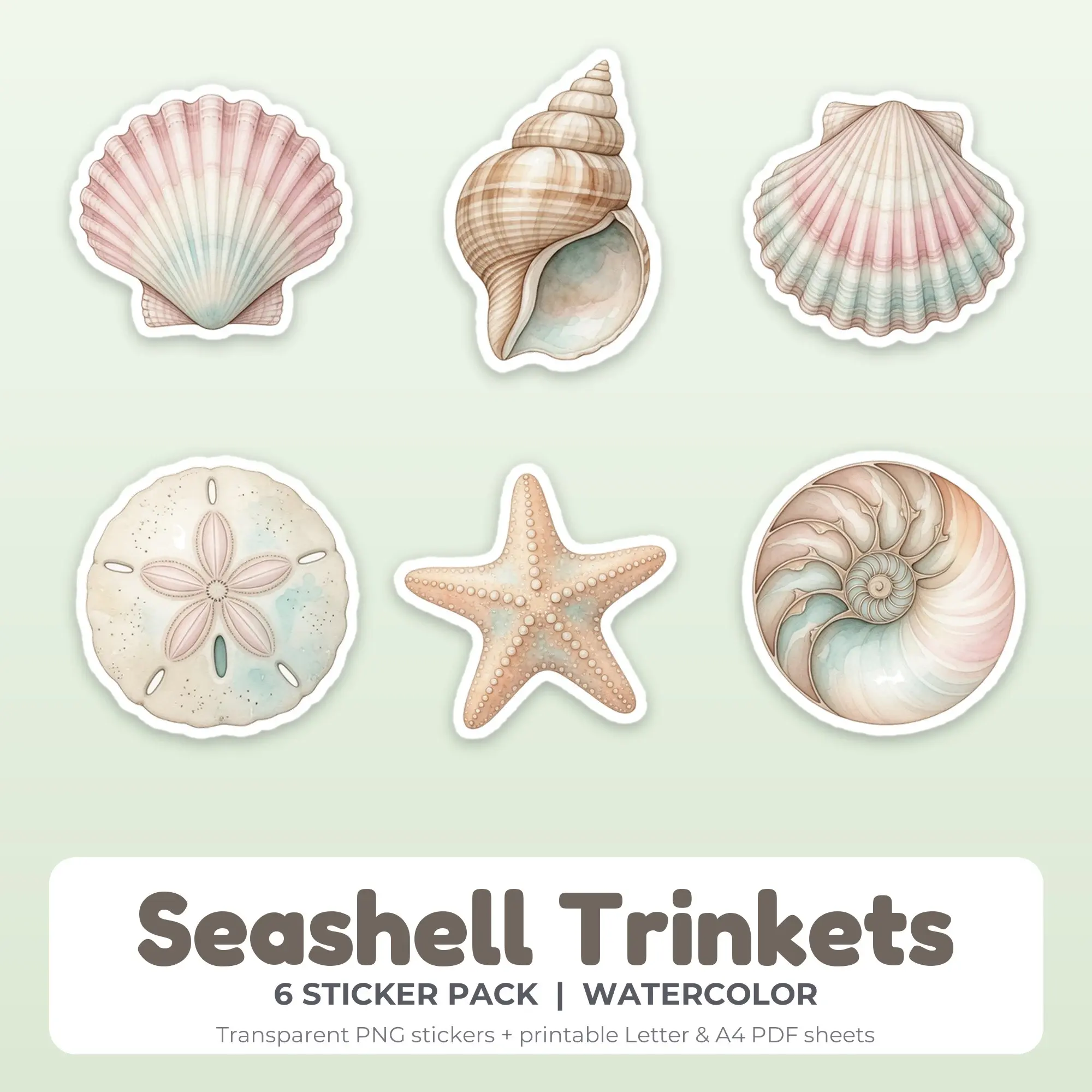 6 Seashell Trinkets Stickers - Printable Sticker Sheet PDF preview
