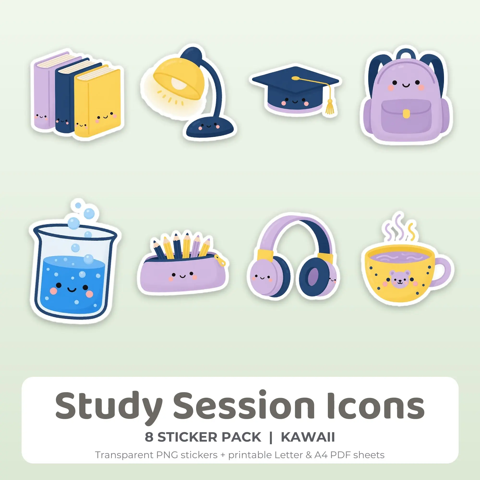 Kawaii Study Session Icons Sticker Set - 8 Printable PNG preview