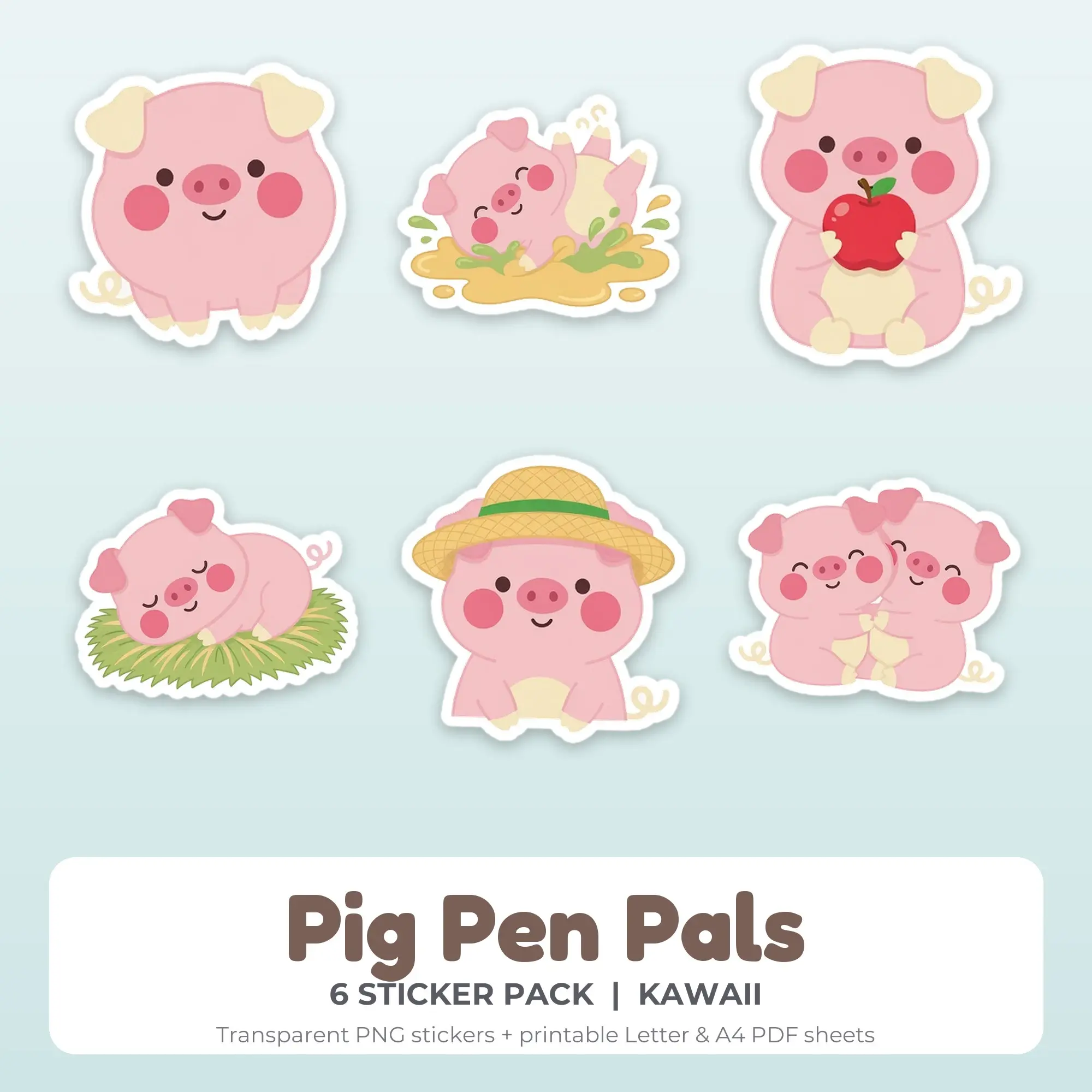 Pig Pen Pals Printable Stickers - 6 Die-Cut PNG + PDF preview