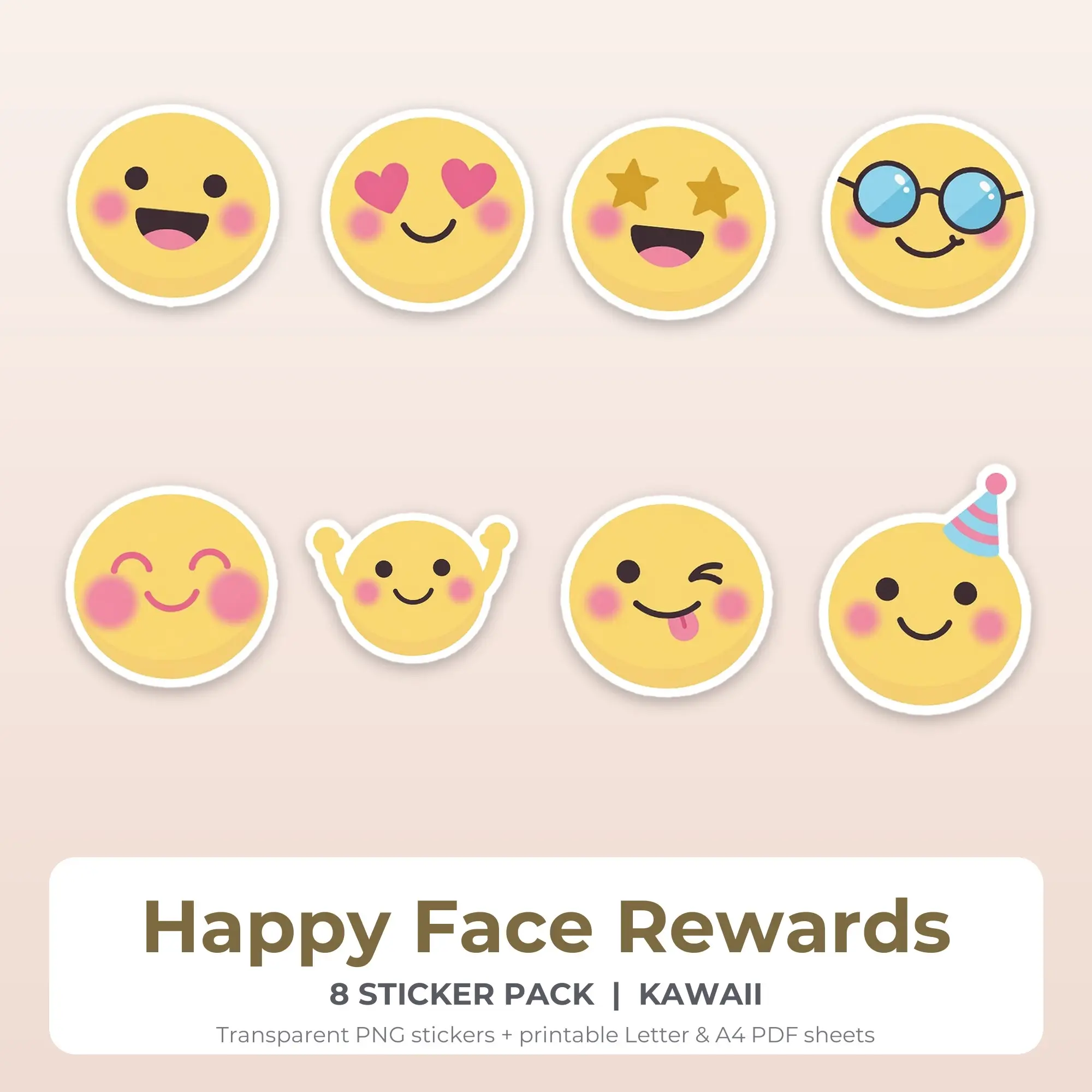 Kawaii Happy Face Rewards Sticker Set - 8 Printable PNG preview