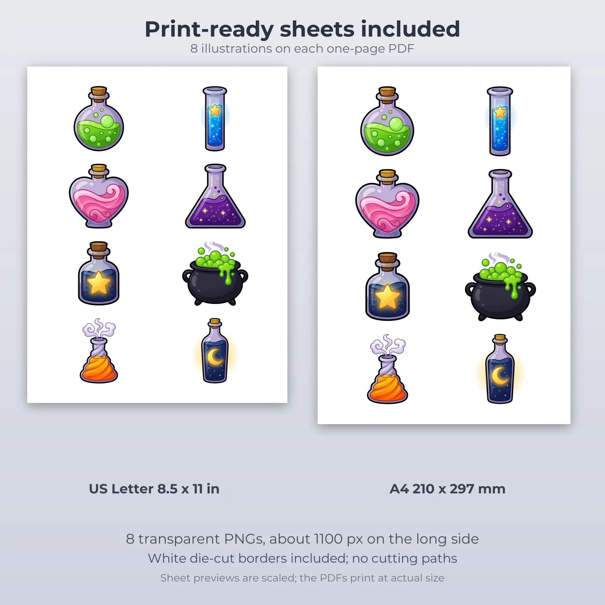 Magical Potion Bottles Stickers, 8 PNG + Printable PDF Sheet, preview 2 of 2